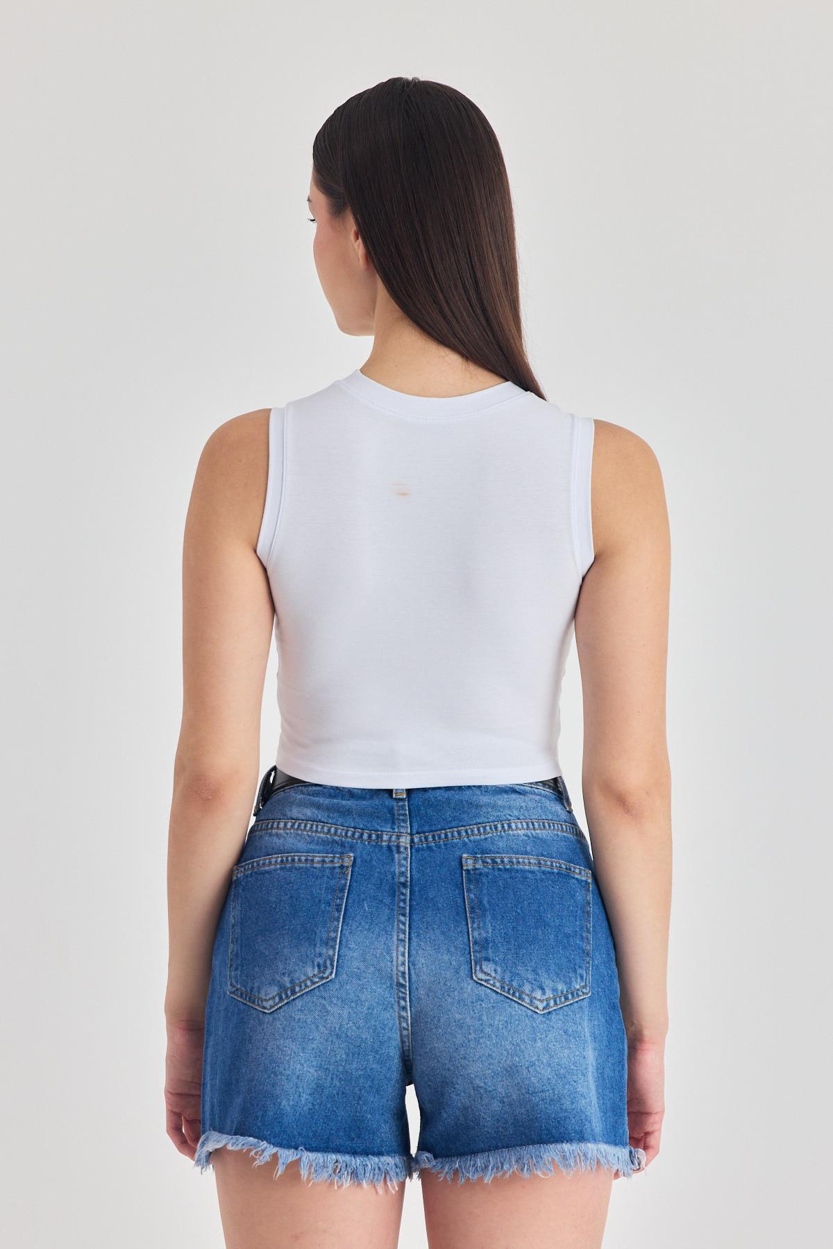 Beyaz Kolsuz Bisiklet Yaka Crop Atlet 318 - 5