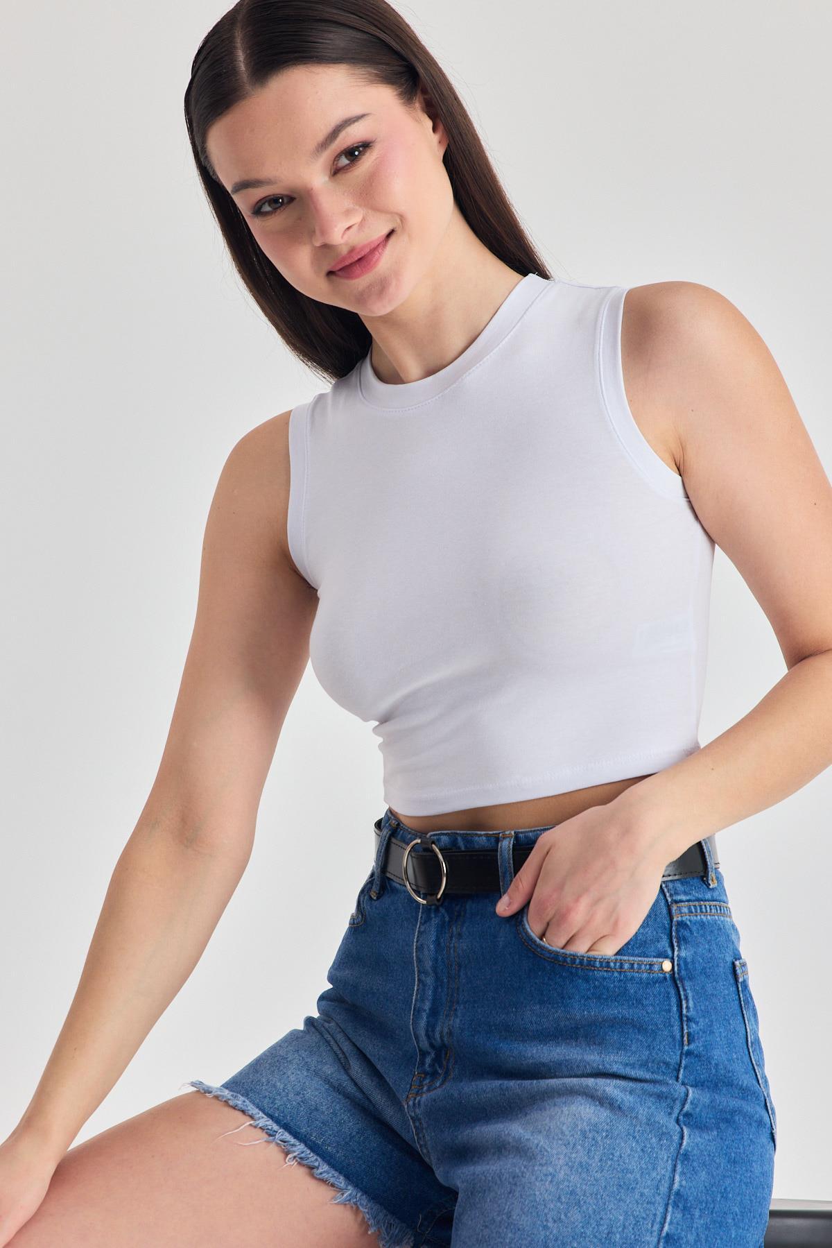 Beyaz Kolsuz Bisiklet Yaka Crop Atlet 318 - 3