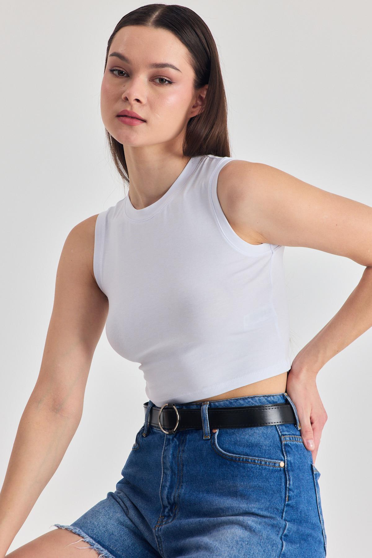 Beyaz Kolsuz Bisiklet Yaka Crop Atlet 318 - 6