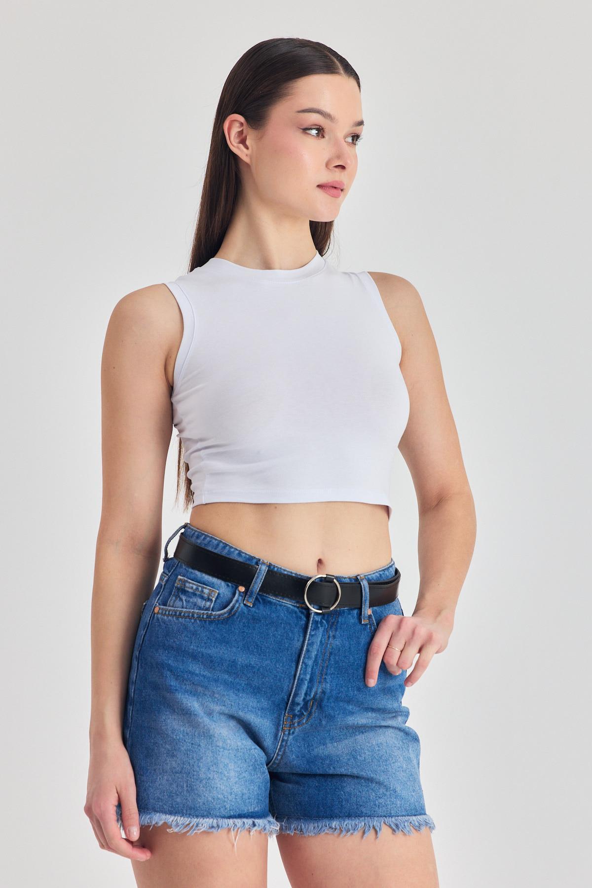 Beyaz Kolsuz Bisiklet Yaka Crop Atlet 318 - 7