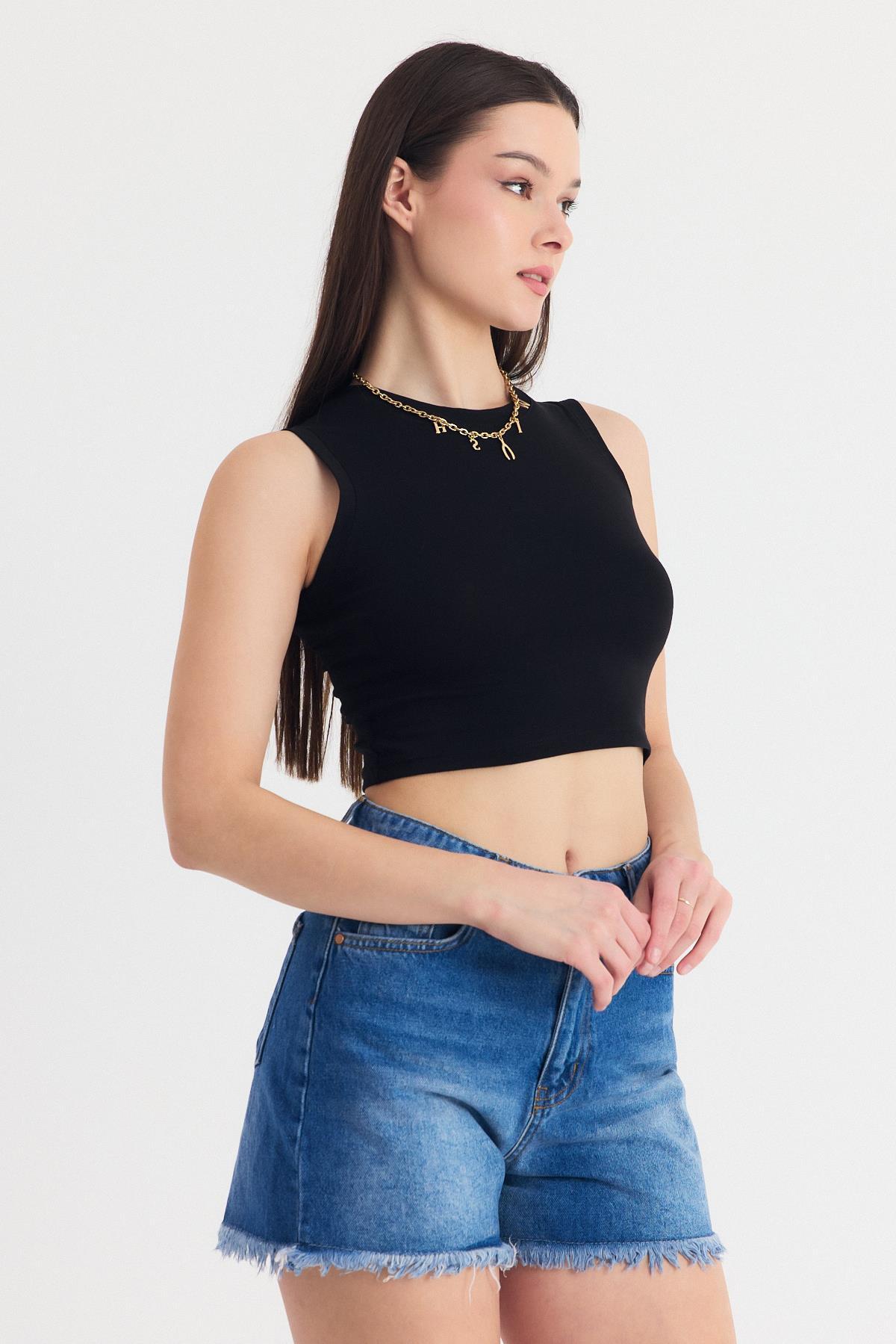 Siyah Kolsuz Bisiklet Yaka Crop Atlet 318 - RAYS