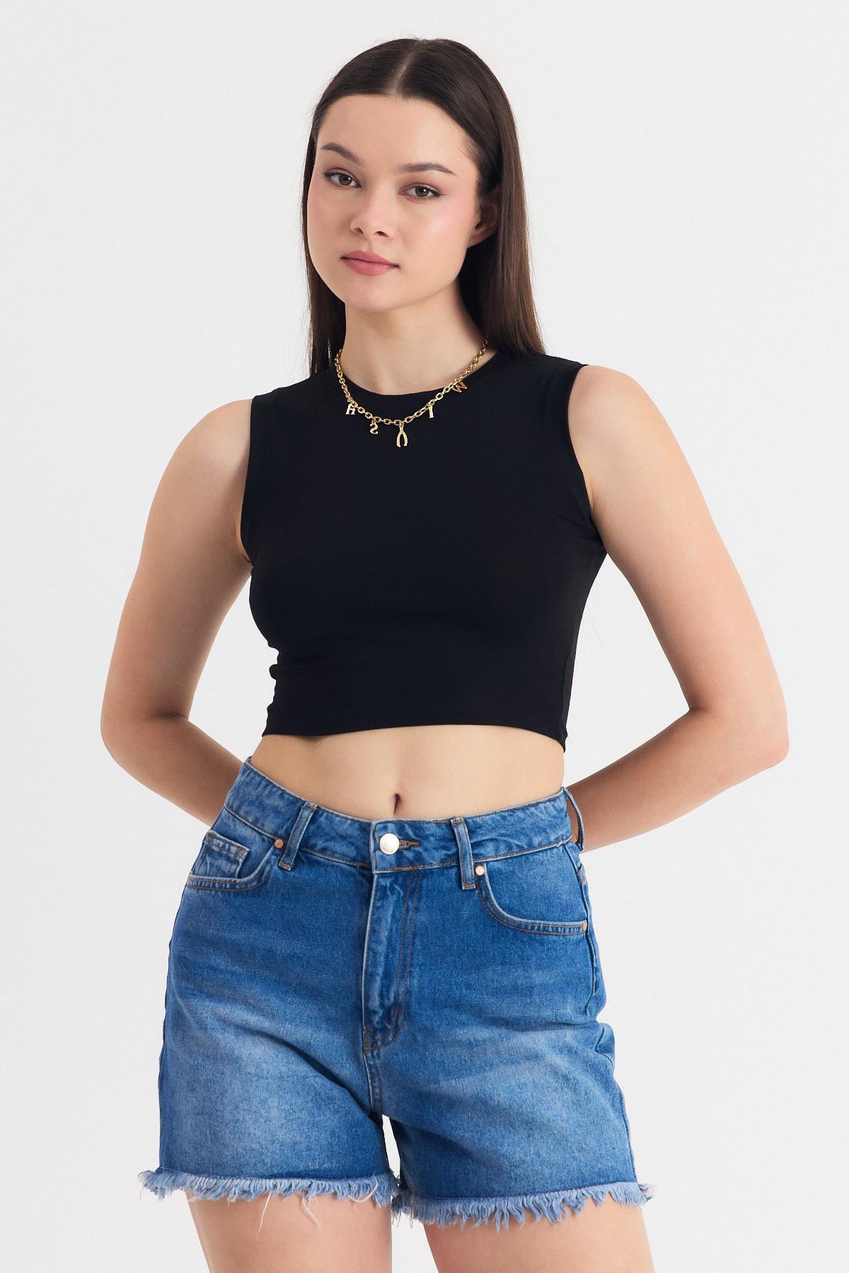 Siyah Kolsuz Bisiklet Yaka Crop Atlet 318 - 6