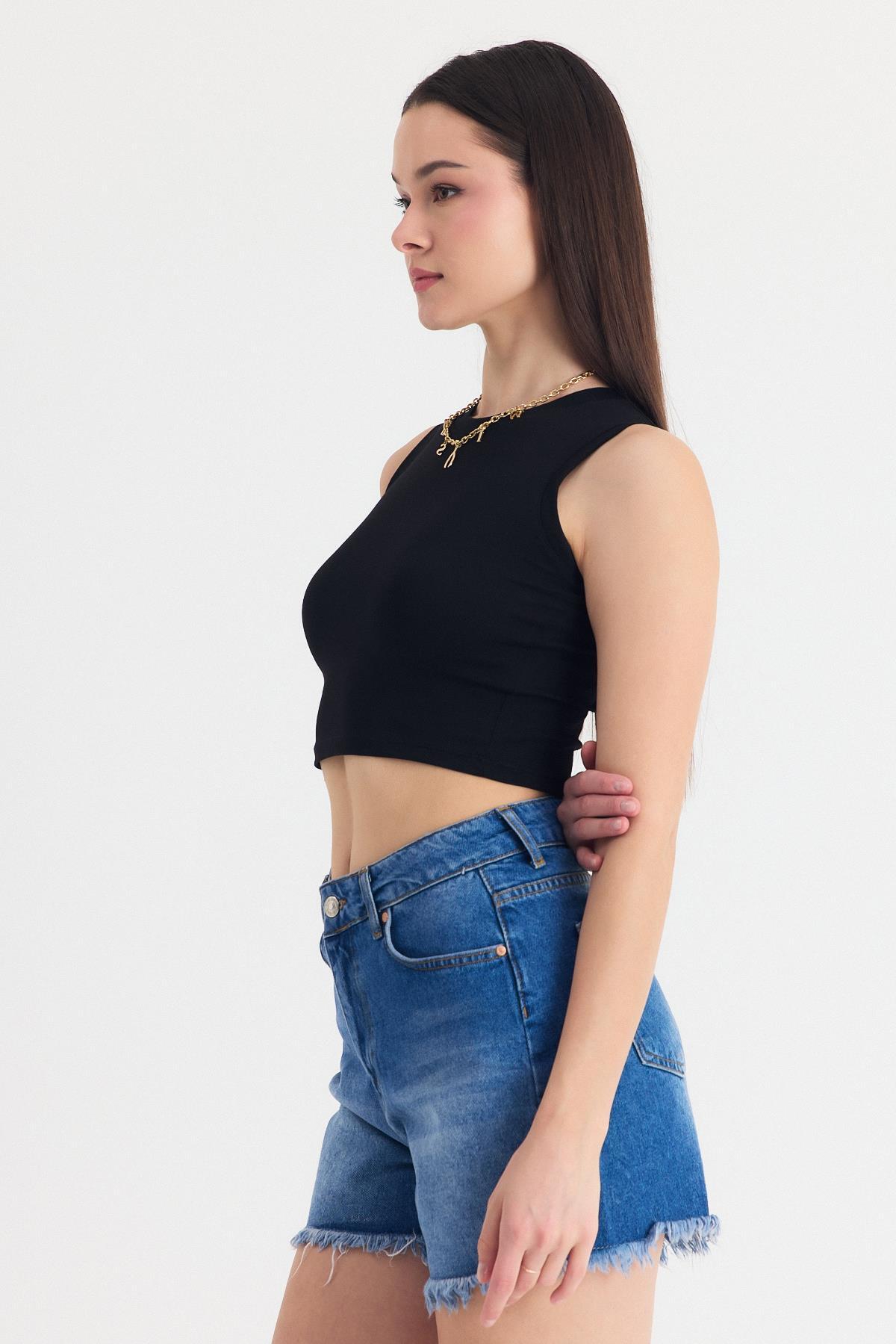 Siyah Kolsuz Bisiklet Yaka Crop Atlet 318 - 7