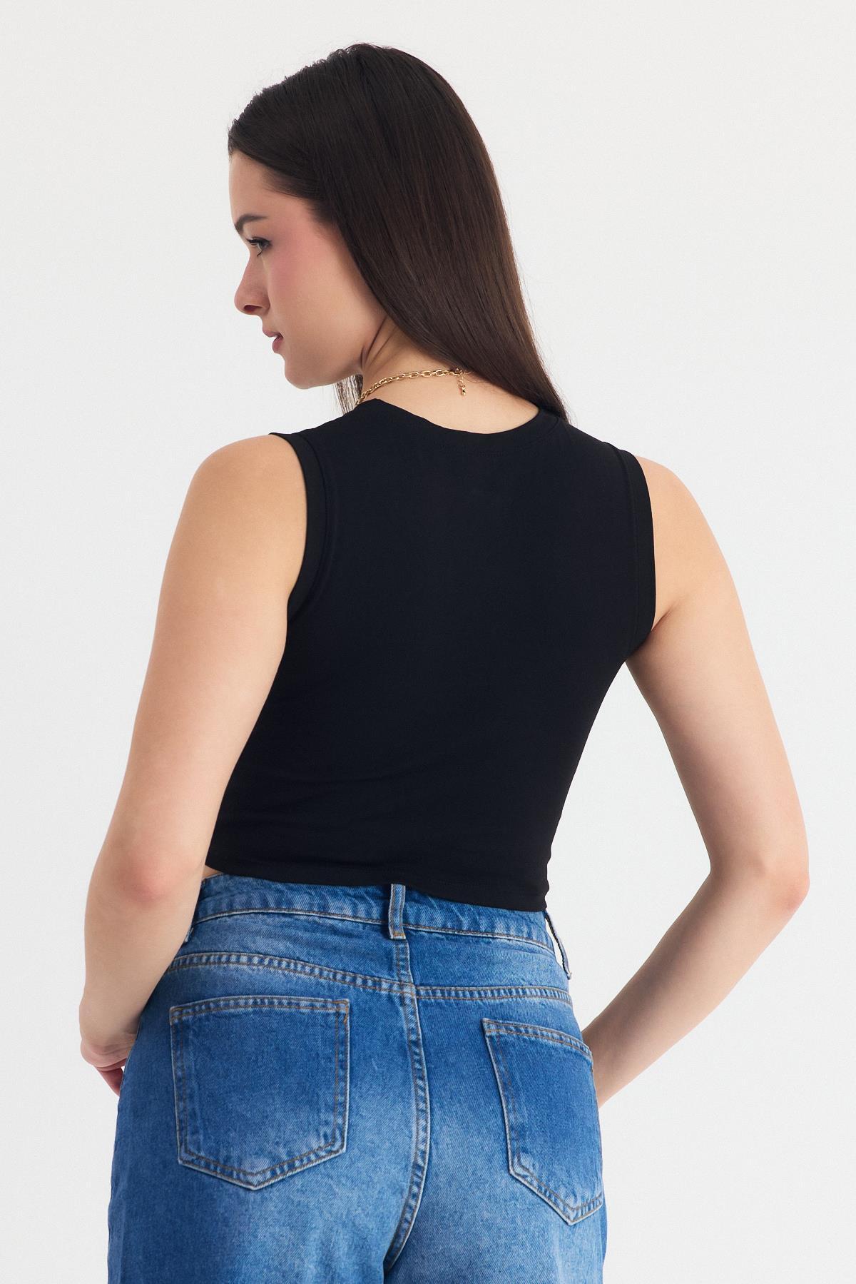 Siyah Kolsuz Bisiklet Yaka Crop Atlet 318 - 5