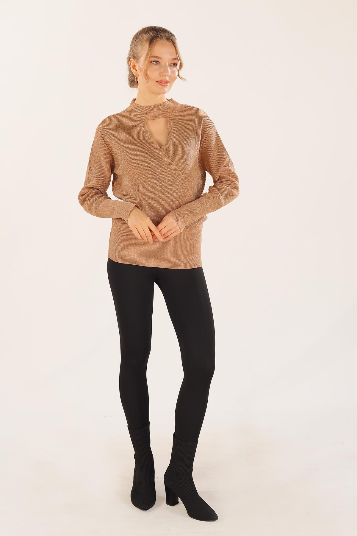 3180 Damla Detay Kruvaze Kazak Camel - 2