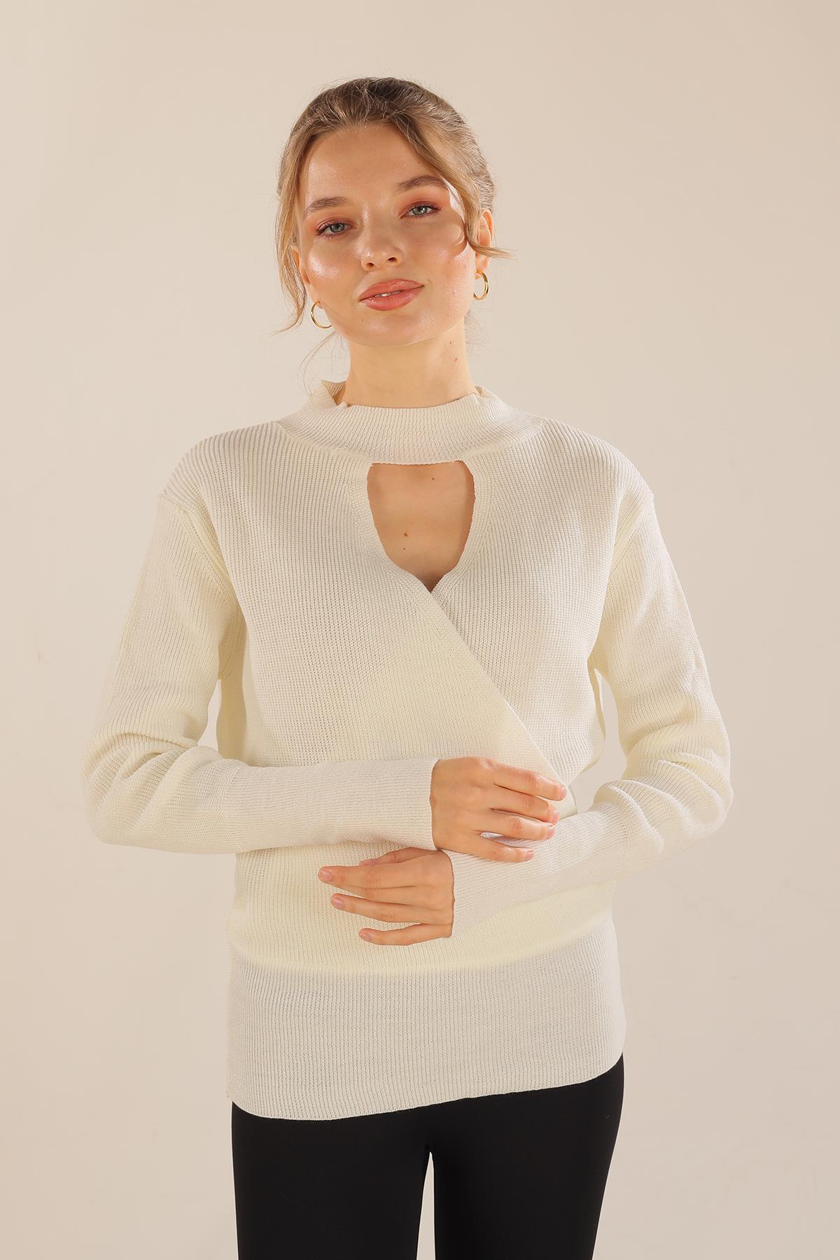 3180 Damla Detay Kruvaze Kazak Ekru - 3