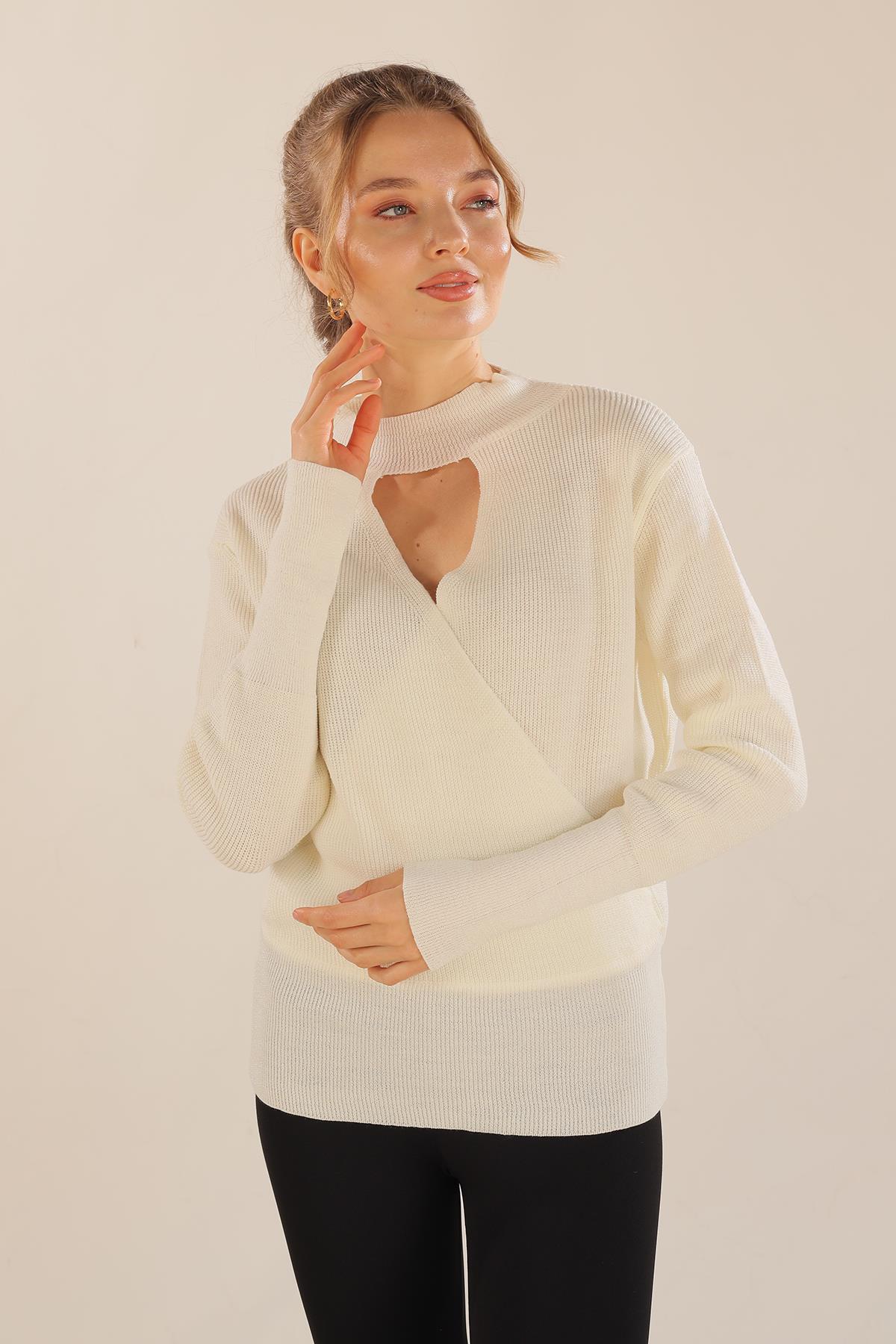 Ekru Damla Detay Kruvaze Kazak 3180 