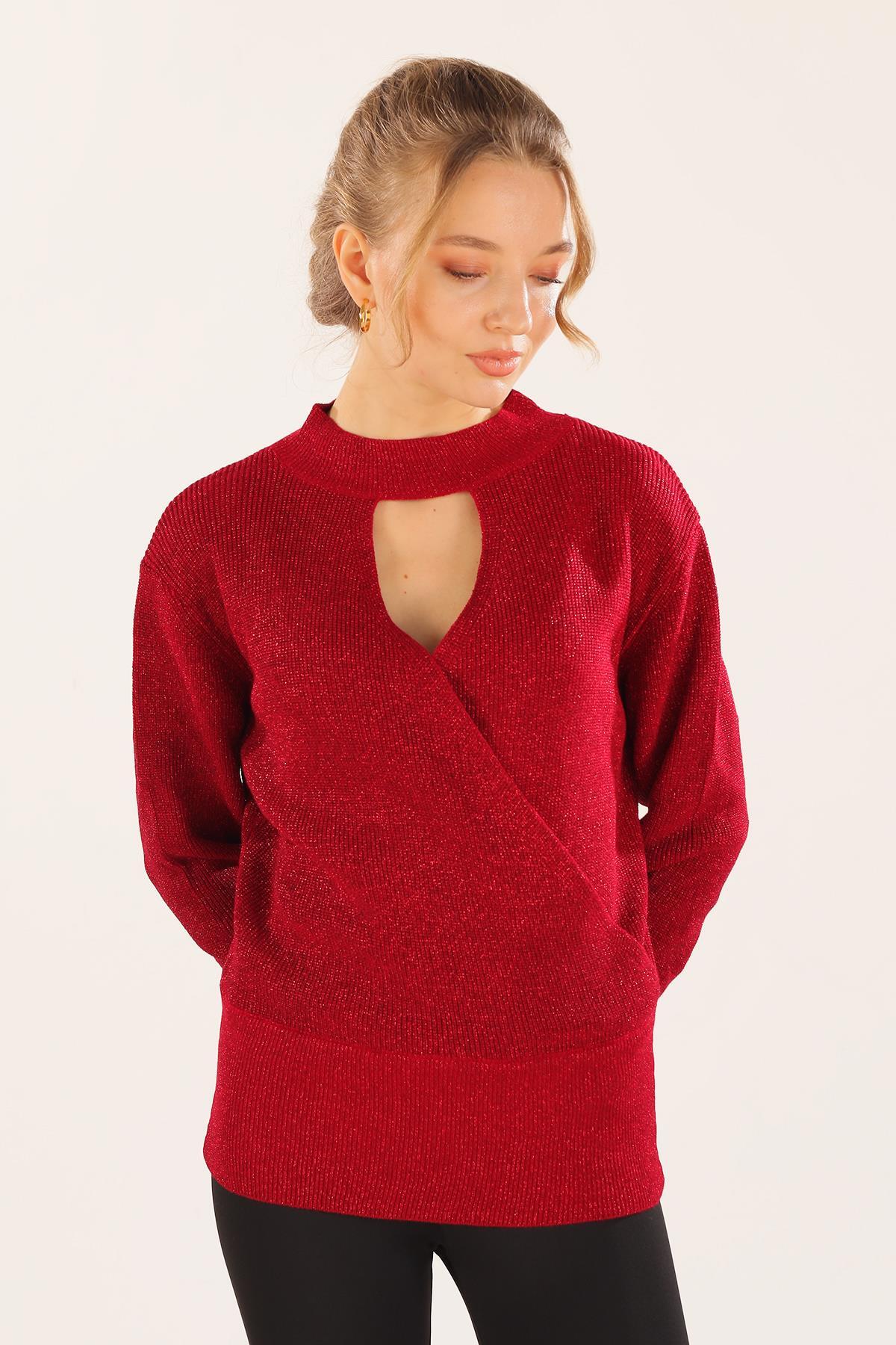 3180 Damla Detay Kruvaze Kazak Kırmızı - 2