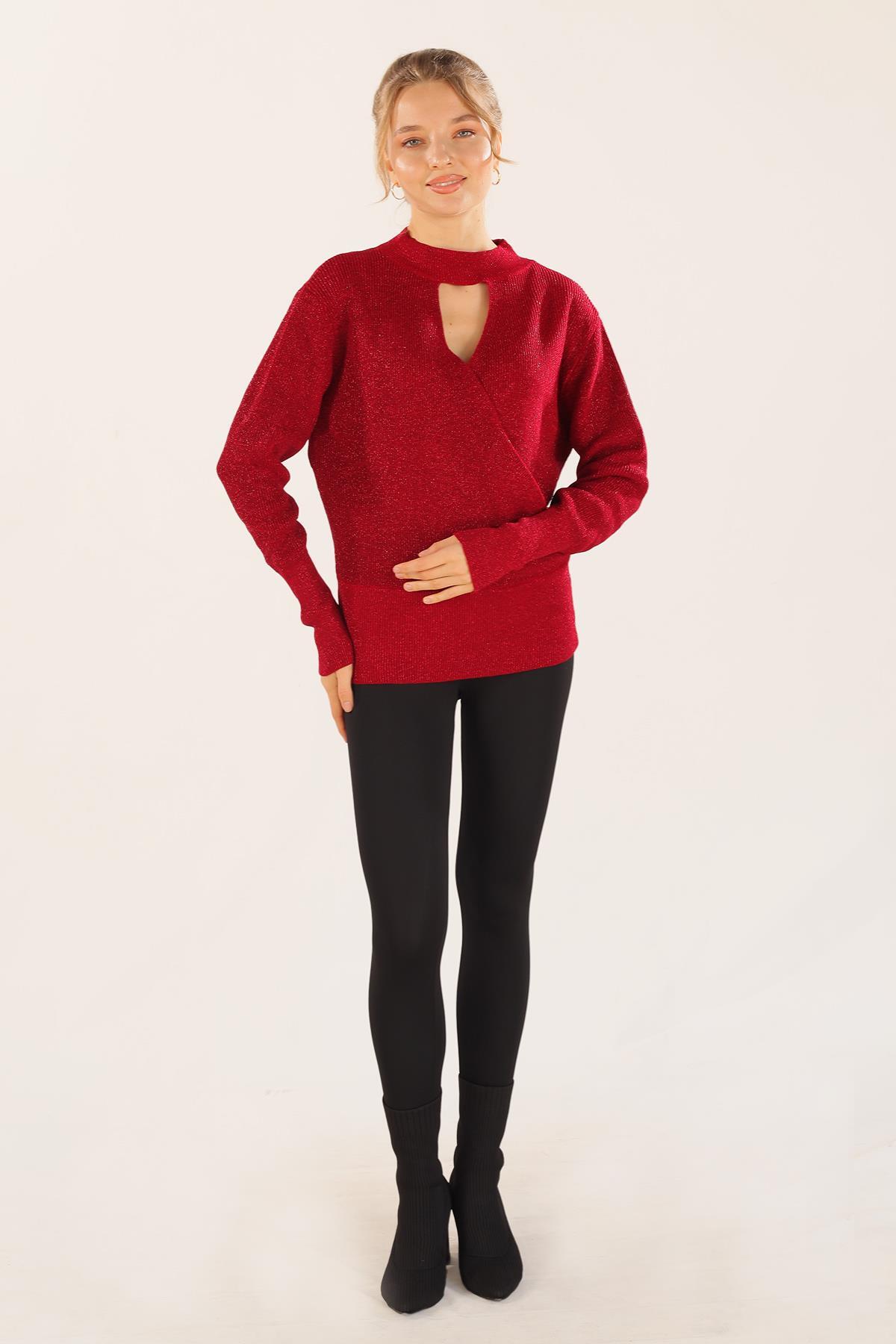 3180 Damla Detay Kruvaze Kazak Kırmızı - 1