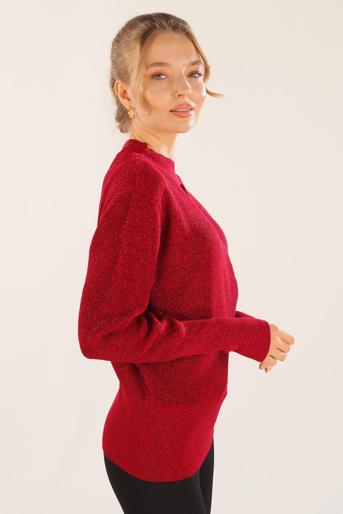 3180 Damla Detay Kruvaze Kazak Kırmızı - 3