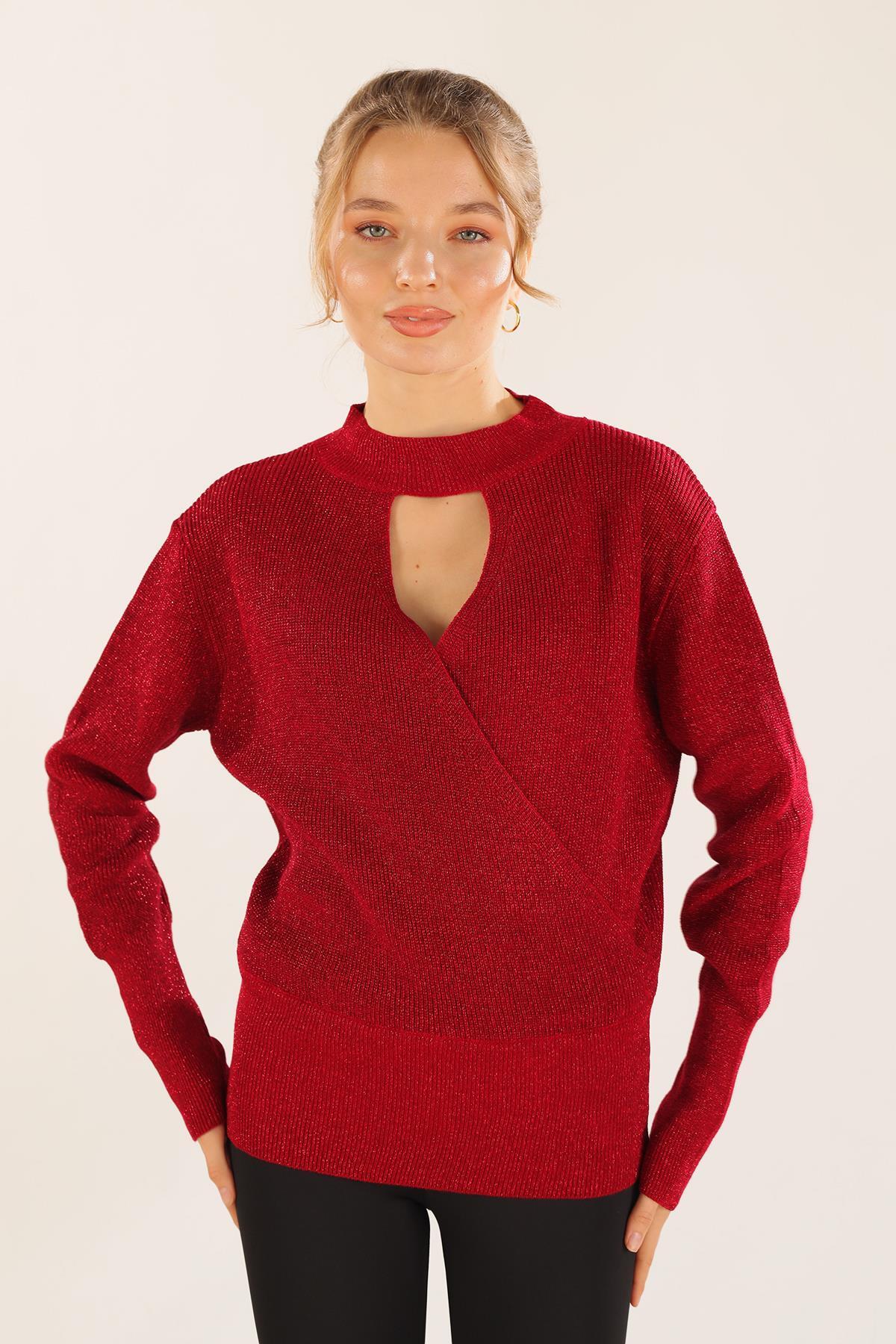 3180 Damla Detay Kruvaze Kazak Kırmızı - 4