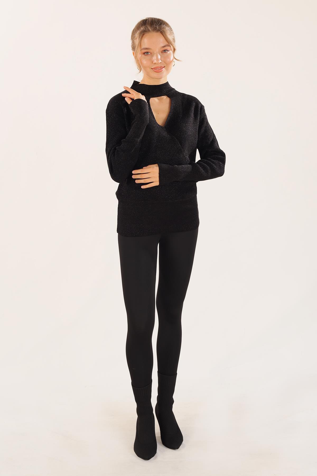 3180 Damla Detay Kruvaze Kazak Siyah - 2