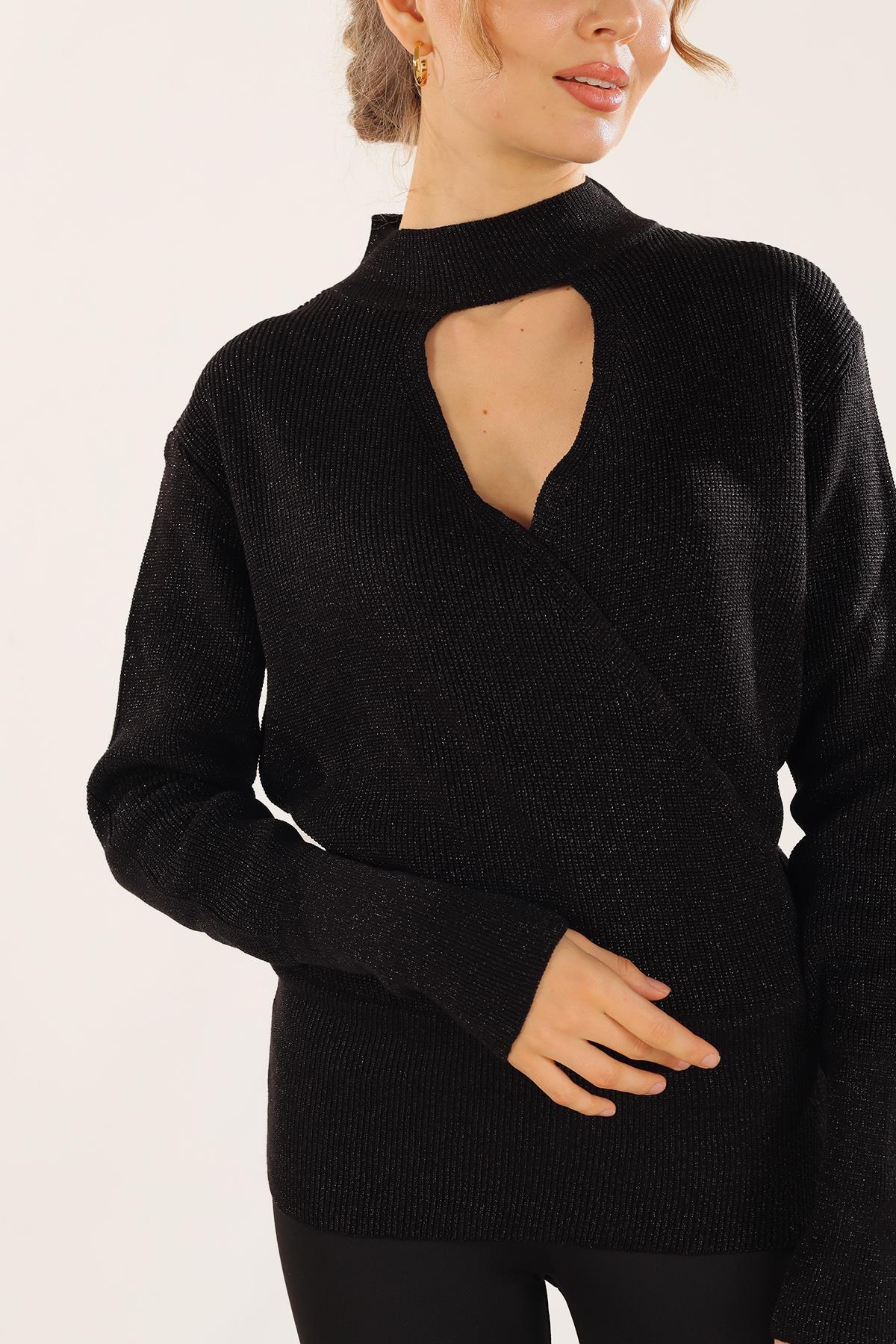 3180 Damla Detay Kruvaze Kazak Siyah - 3