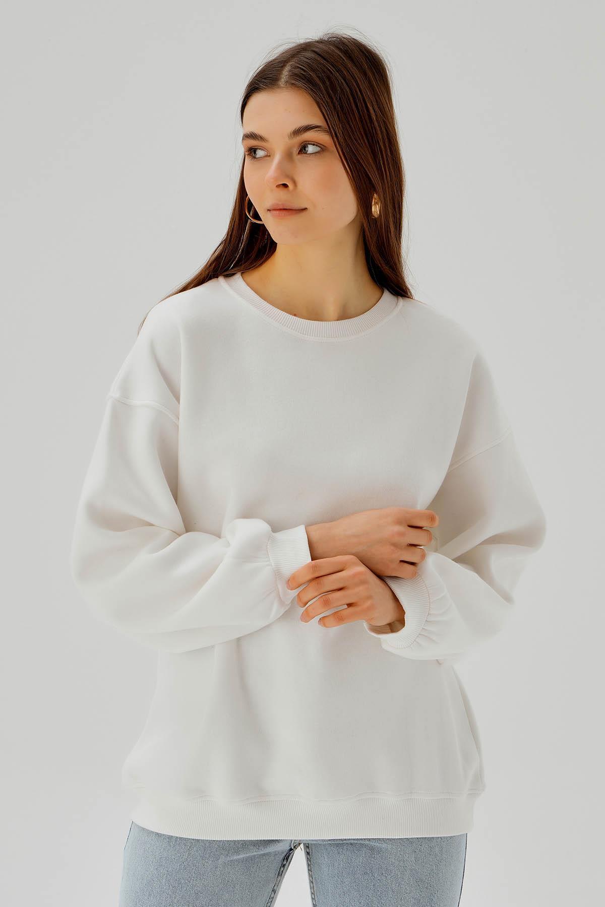 Ekru Bisiklet Yaka Oversize Sweat 3183 - 1