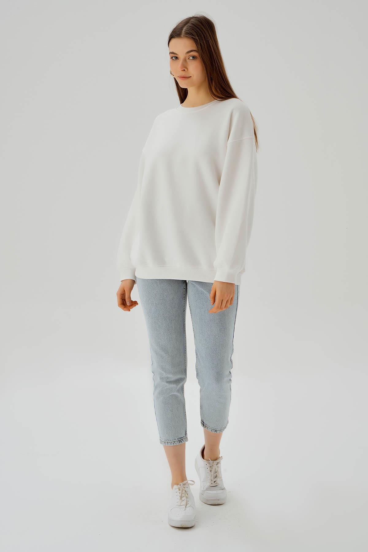 Ekru Bisiklet Yaka Oversize Sweat 3183 - 2