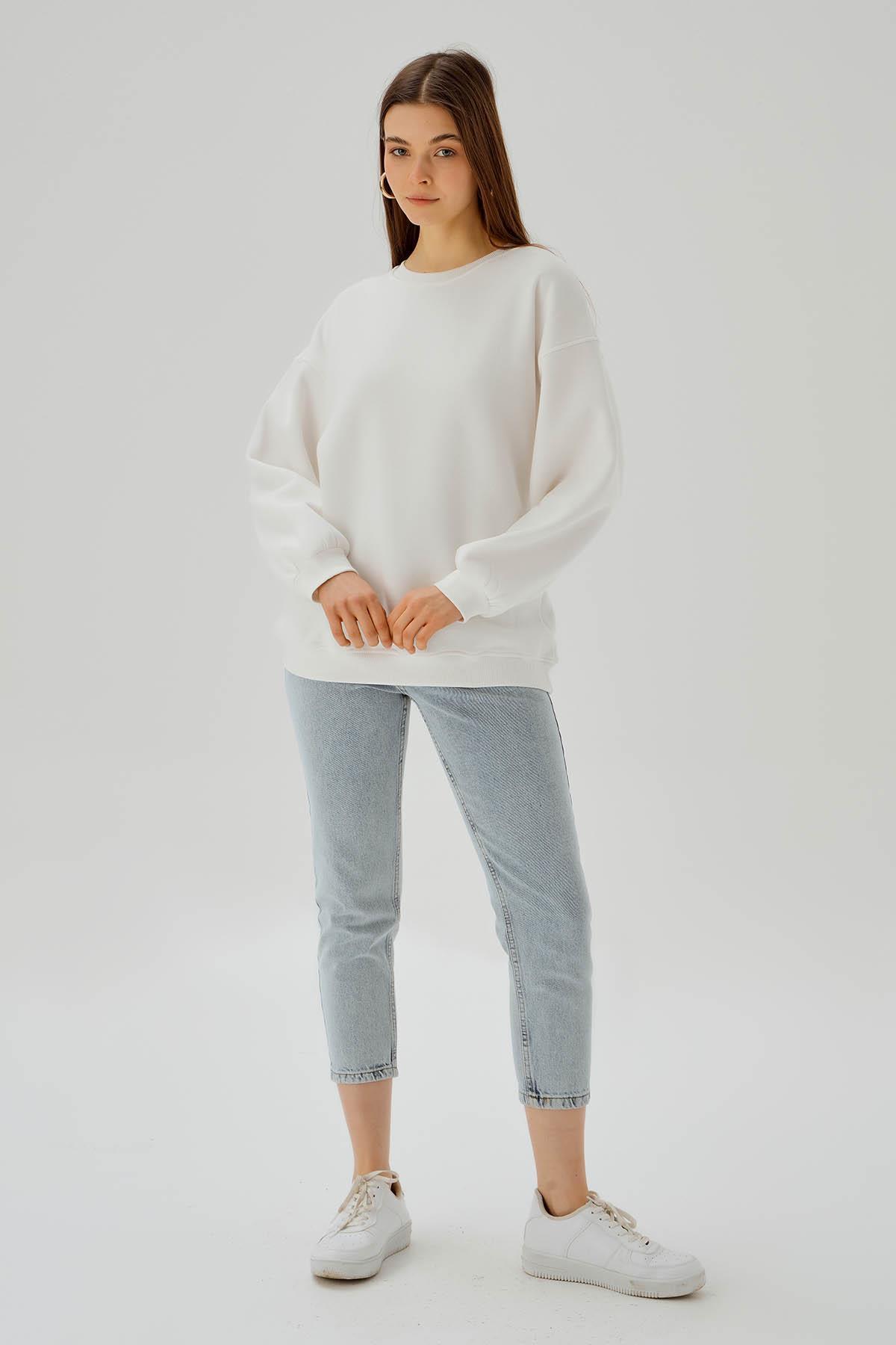 Ekru Bisiklet Yaka Oversize Sweat 3183 - 3