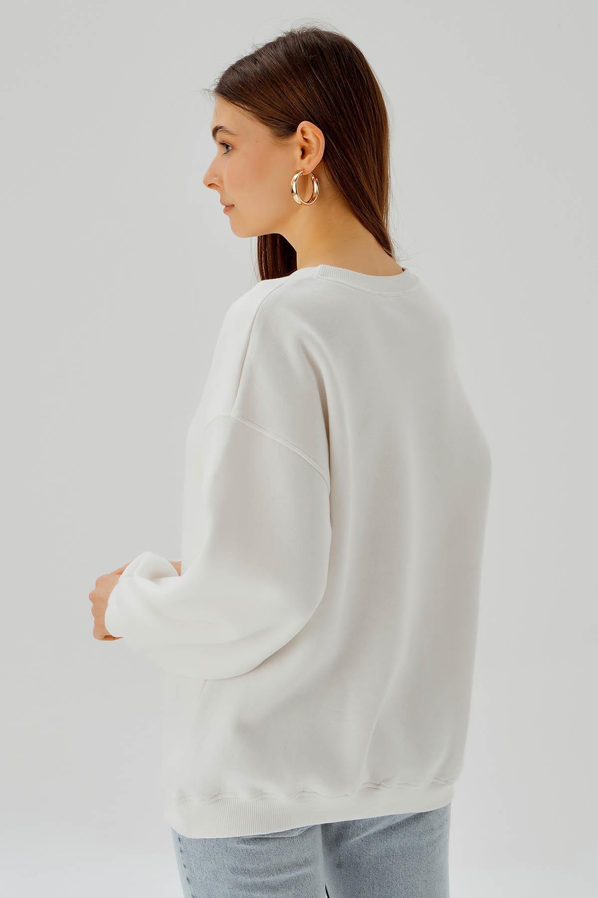Ekru Bisiklet Yaka Oversize Sweat 3183 - 5