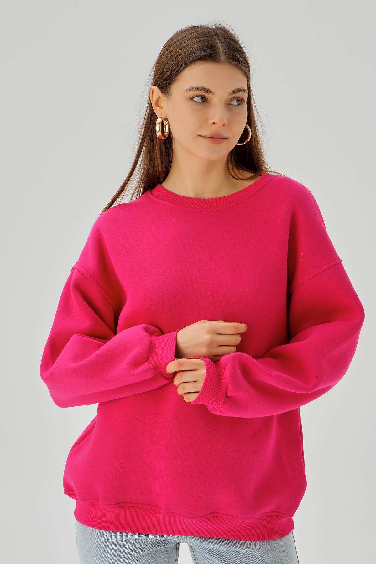 3183 Bisiklet Yaka Oversize Sweat Fuşya - 1