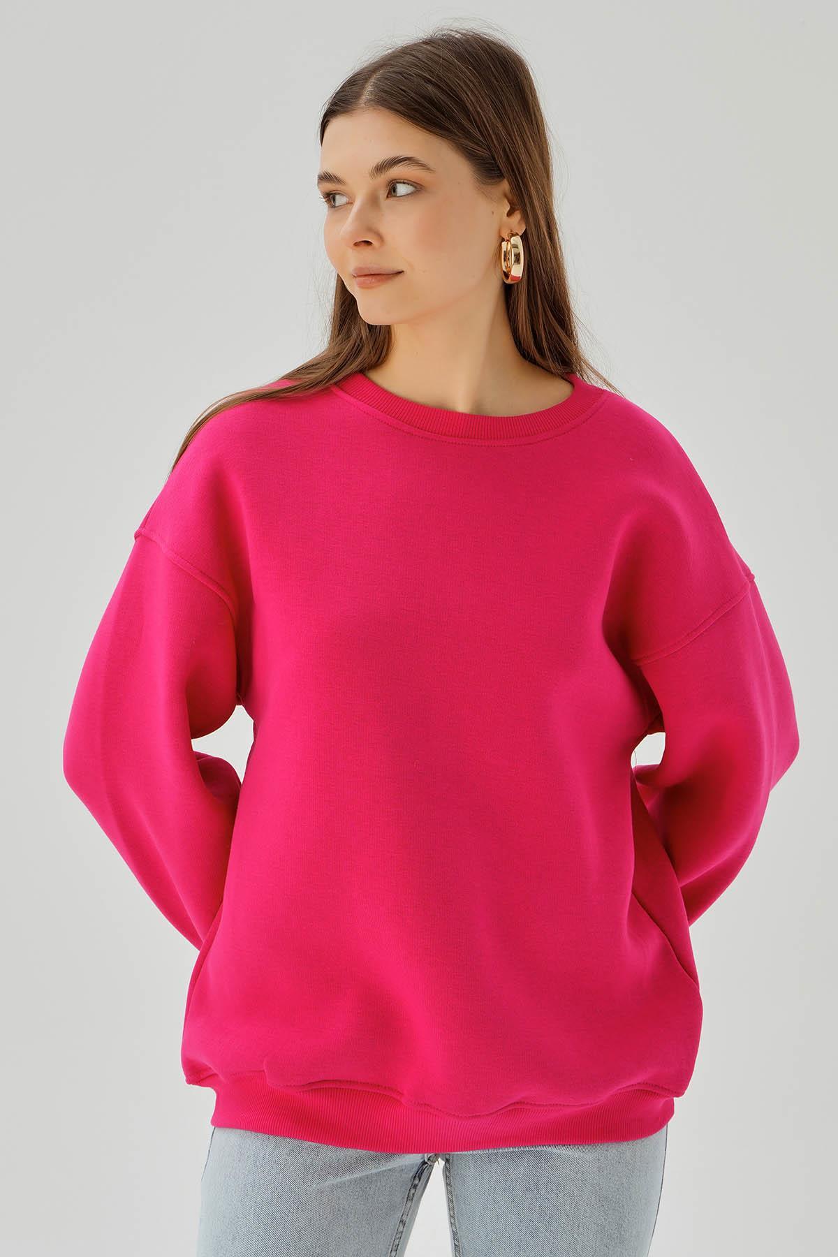 3183 Bisiklet Yaka Oversize Sweat Fuşya - 4