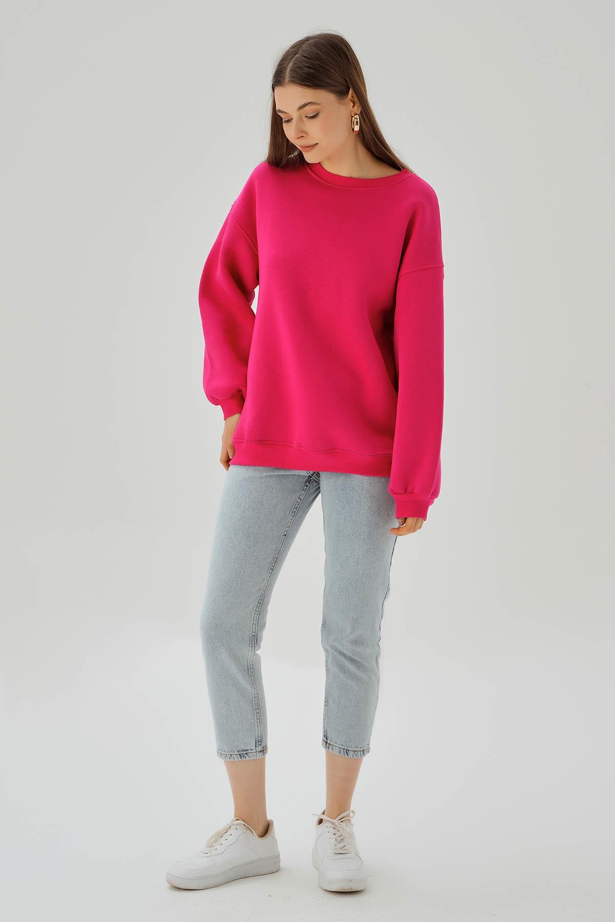 3183 Bisiklet Yaka Oversize Sweat Fuşya - 3