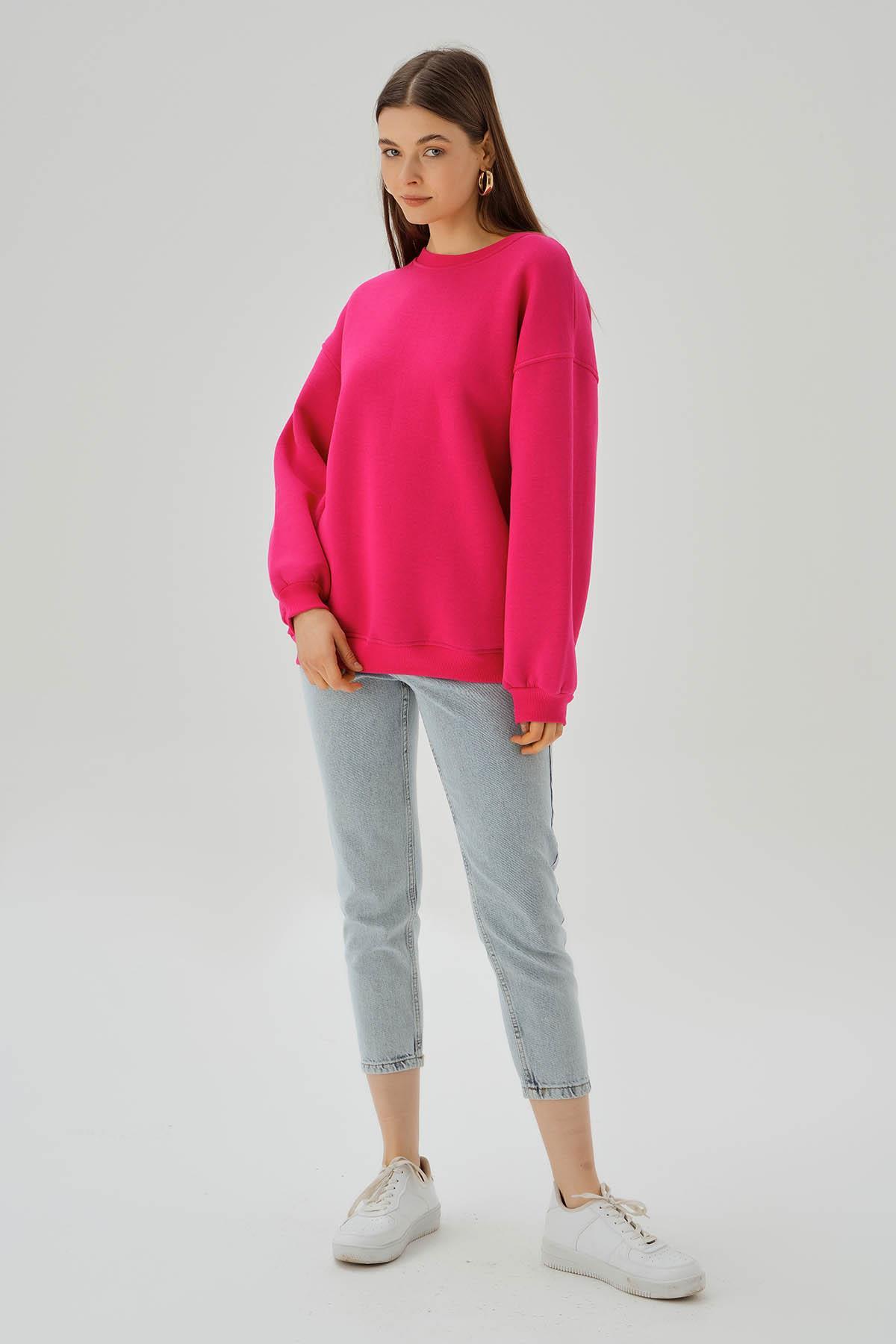 3183 Bisiklet Yaka Oversize Sweat Fuşya - 2