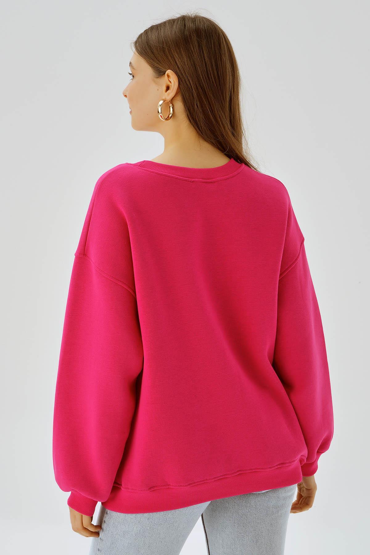 3183 Bisiklet Yaka Oversize Sweat Fuşya - 5