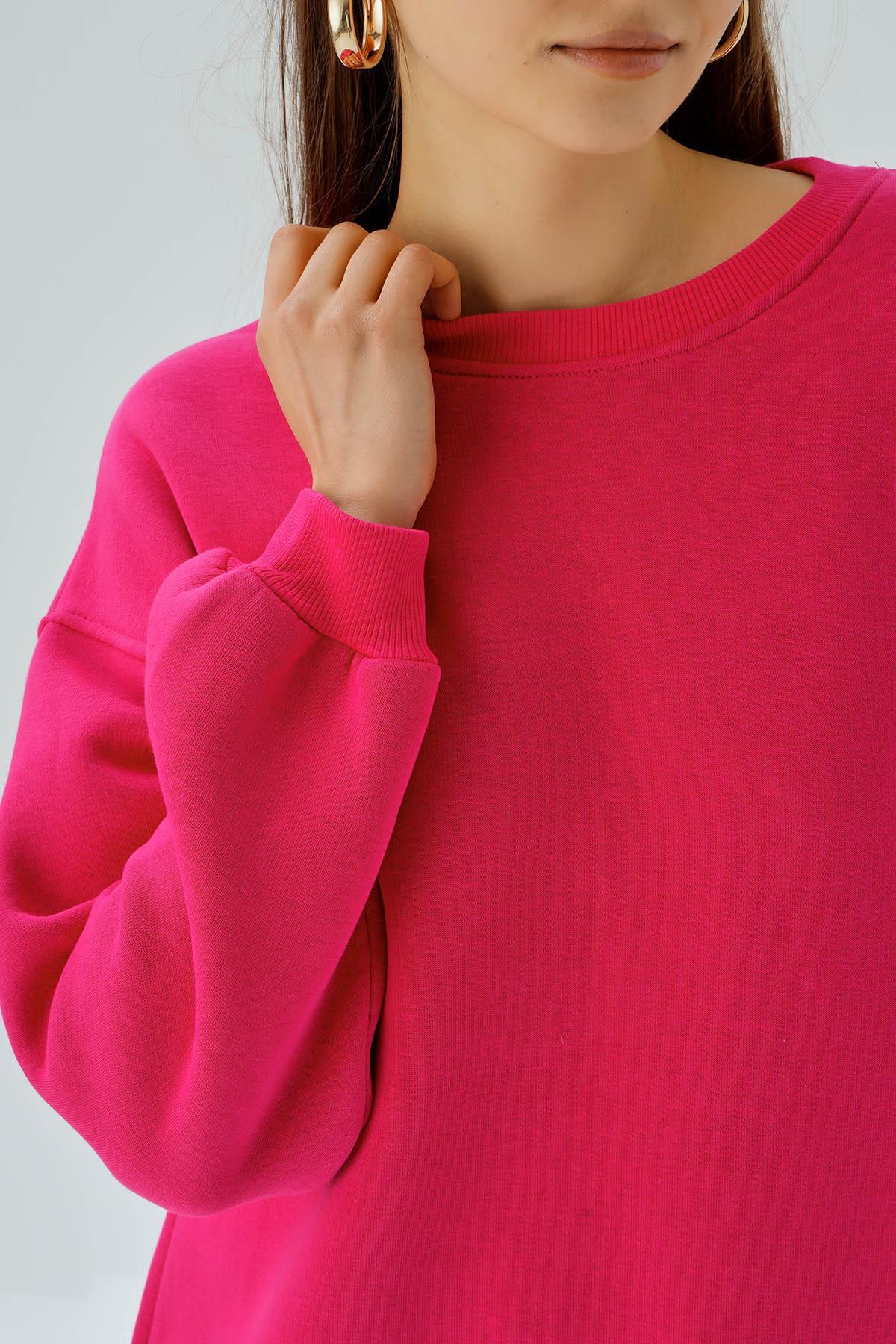 3183 Bisiklet Yaka Oversize Sweat Fuşya - 6