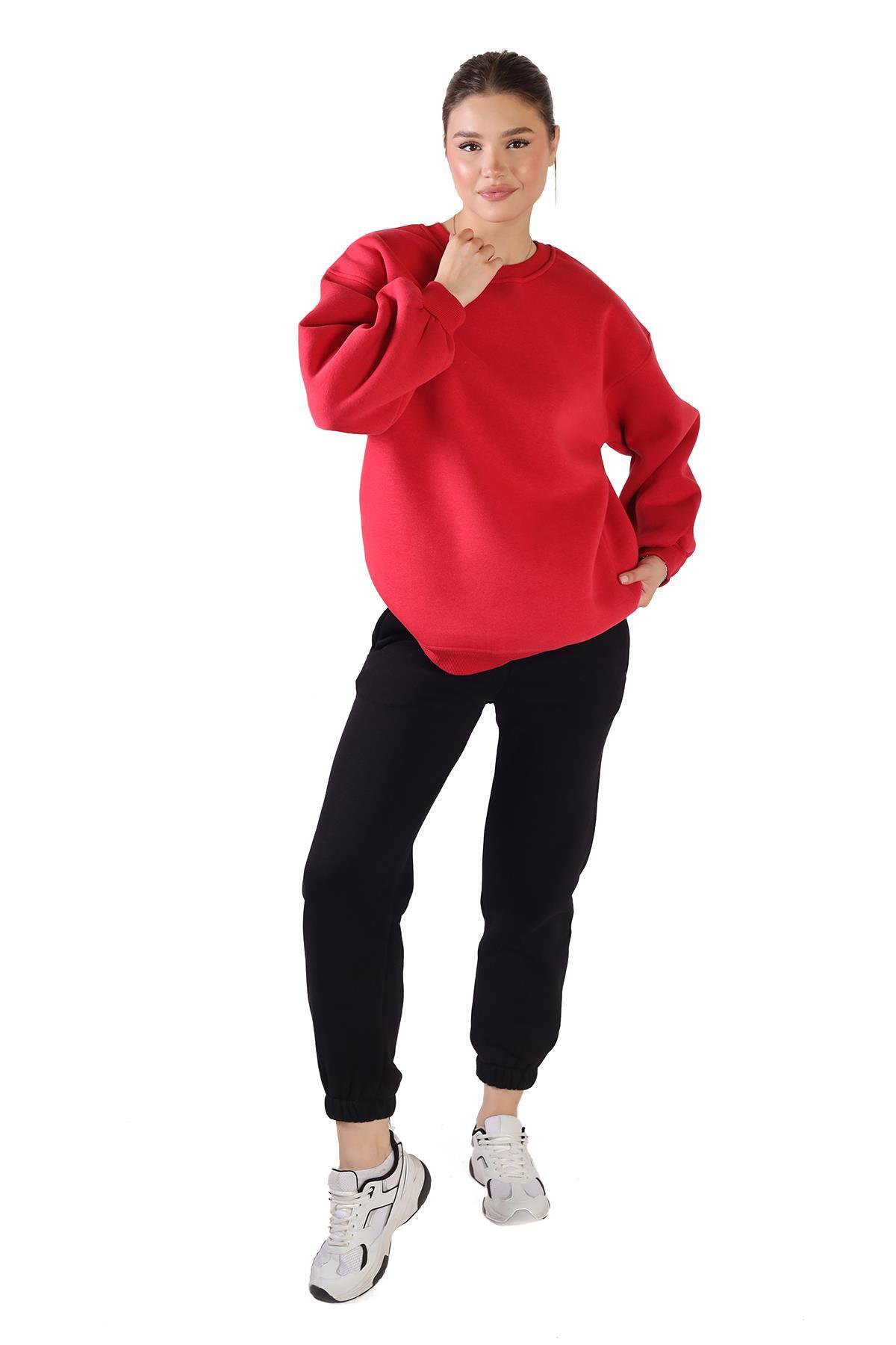 Kırmızı Bisiklet Yaka Oversize Sweat 3183 - 7