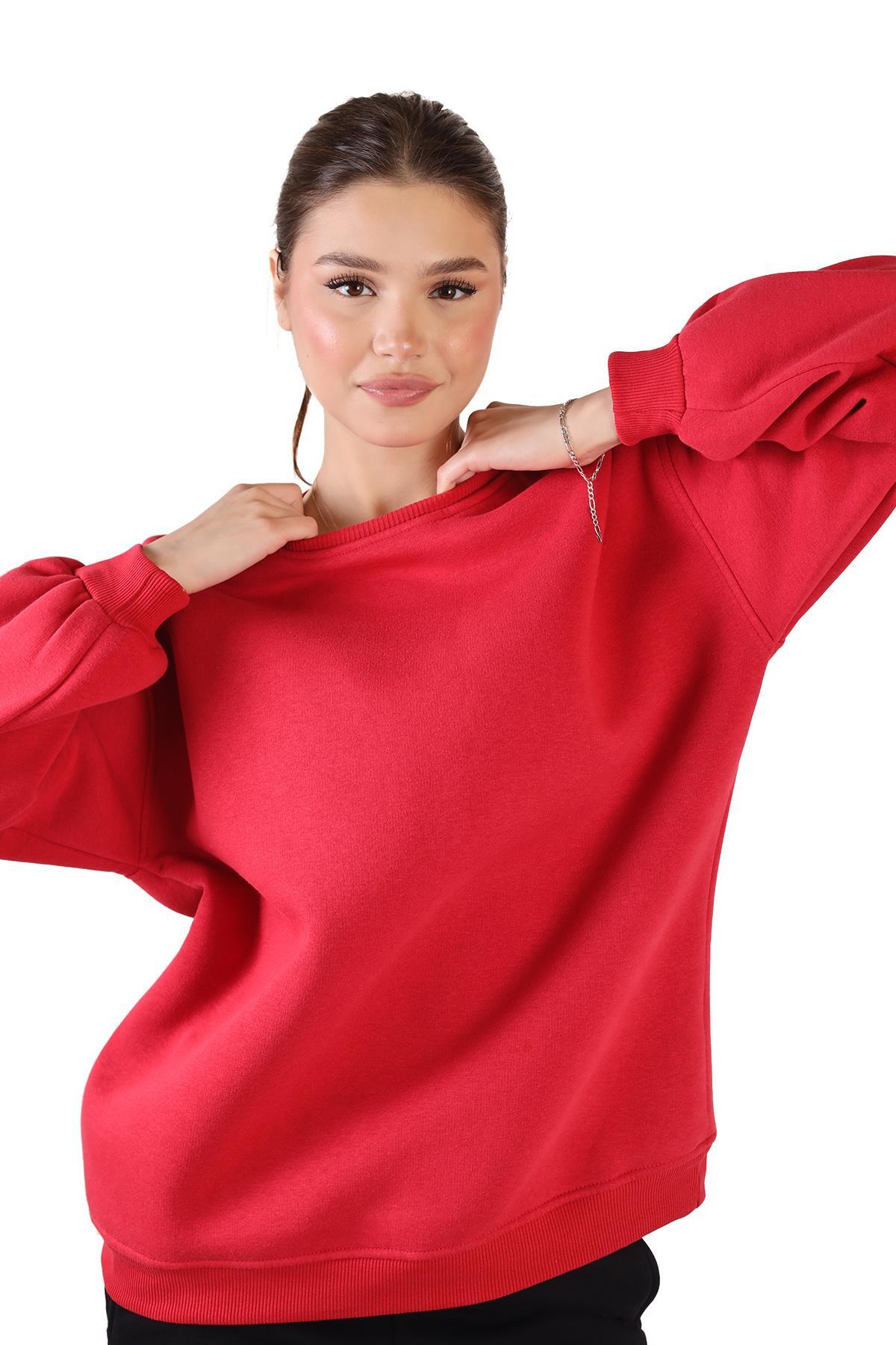 3183 Bisiklet Yaka Oversize Sweat Kırmızı - 2