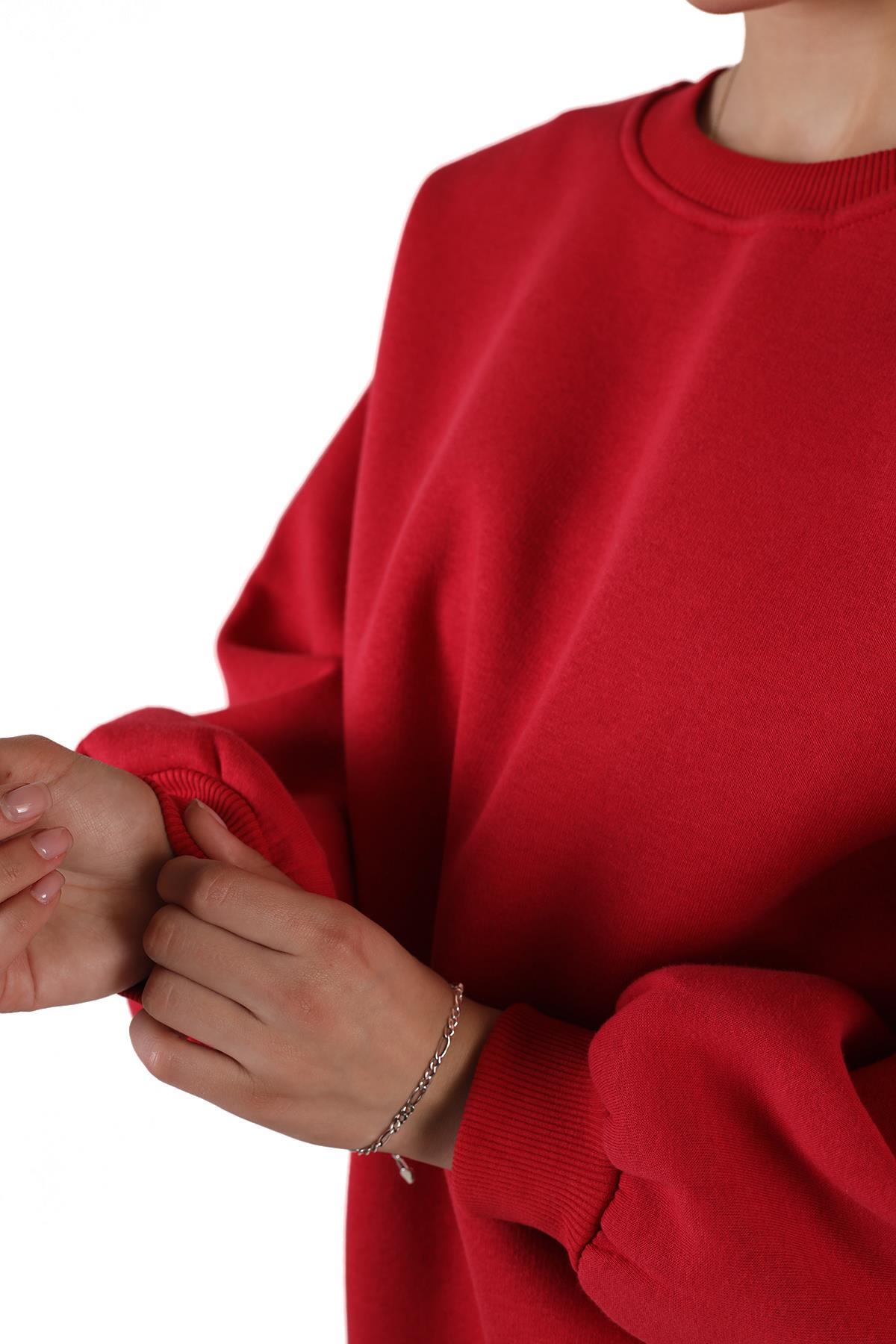 3183 Bisiklet Yaka Oversize Sweat Kırmızı - 4