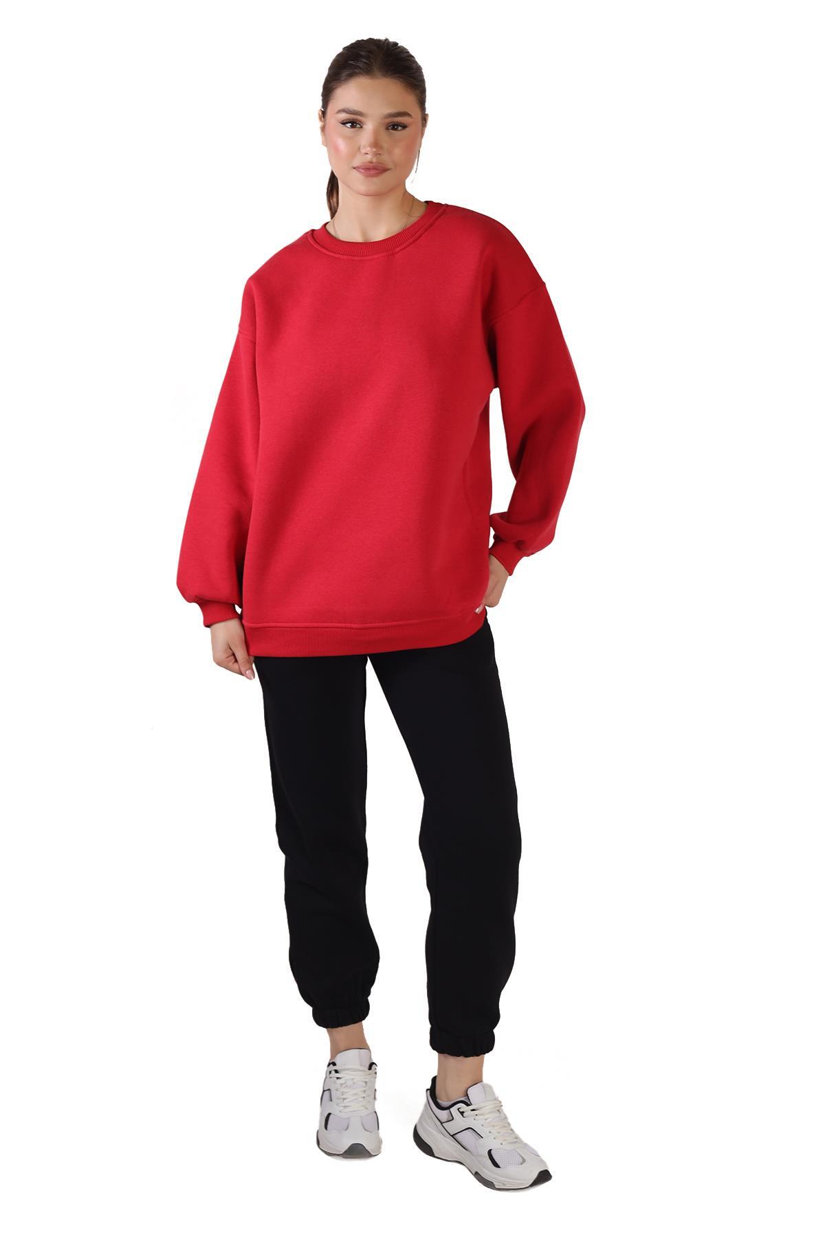 Kırmızı Bisiklet Yaka Oversize Sweat 3183 
