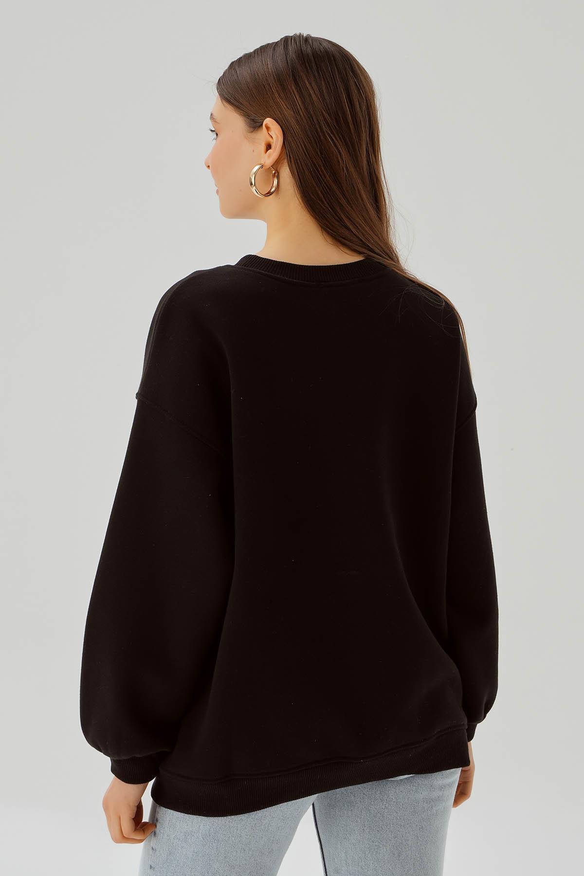 3183 Bisiklet Yaka Oversize Sweat Siyah - 5