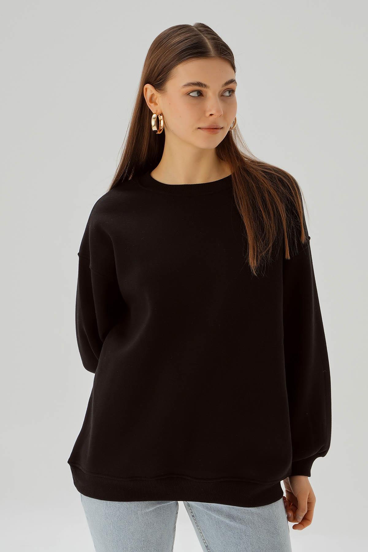 Siyah Bisiklet Yaka Oversize Sweat 3183 - 1