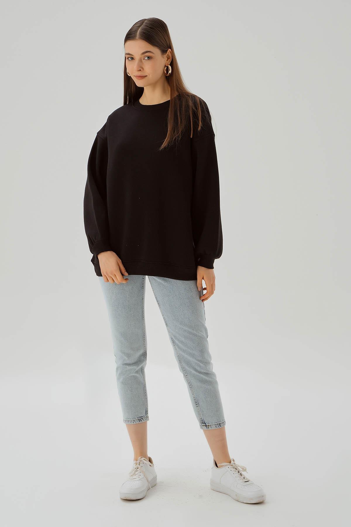 Siyah Bisiklet Yaka Oversize Sweat 3183 - 2