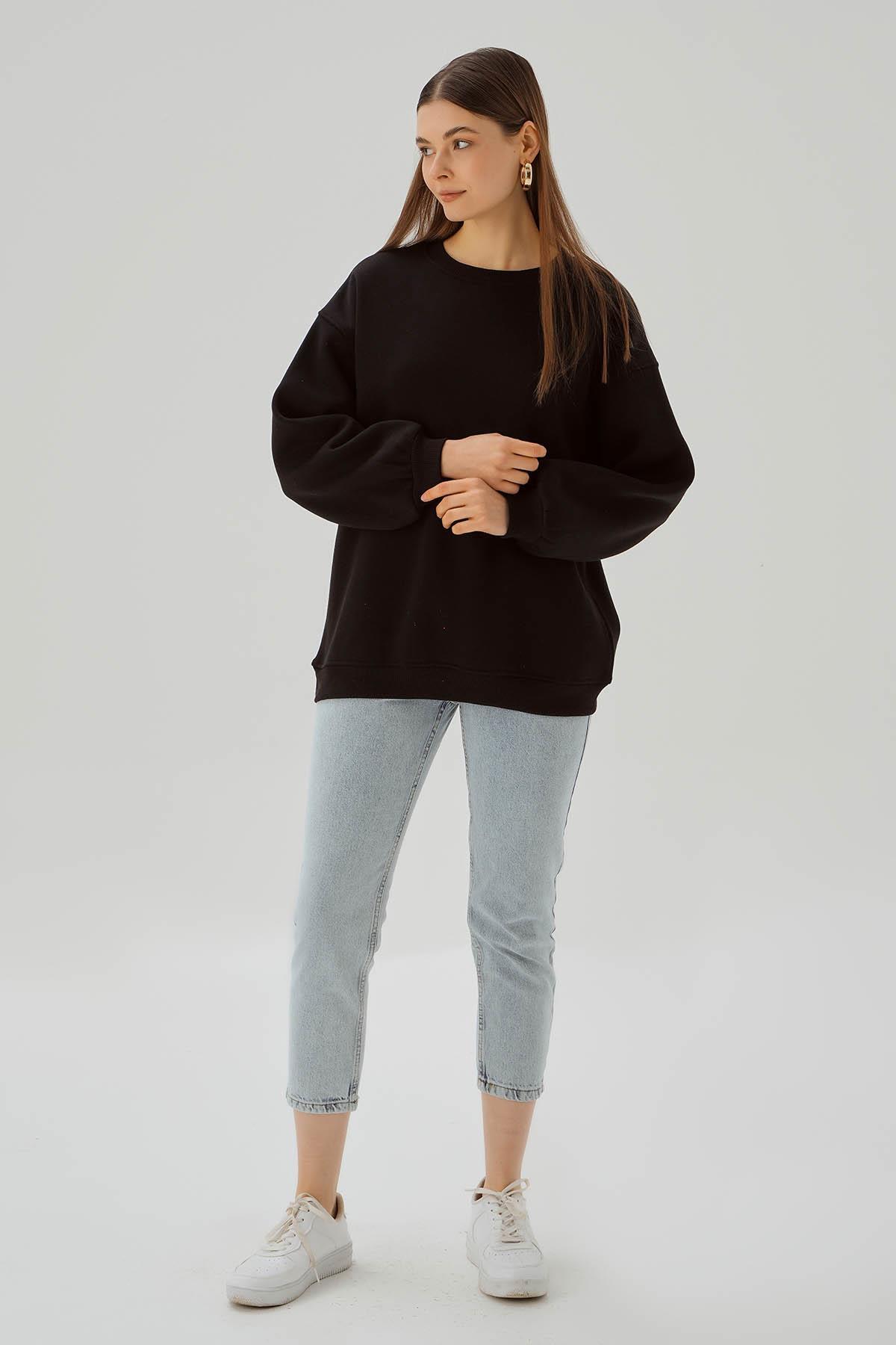 Siyah Bisiklet Yaka Oversize Sweat 3183 - 3