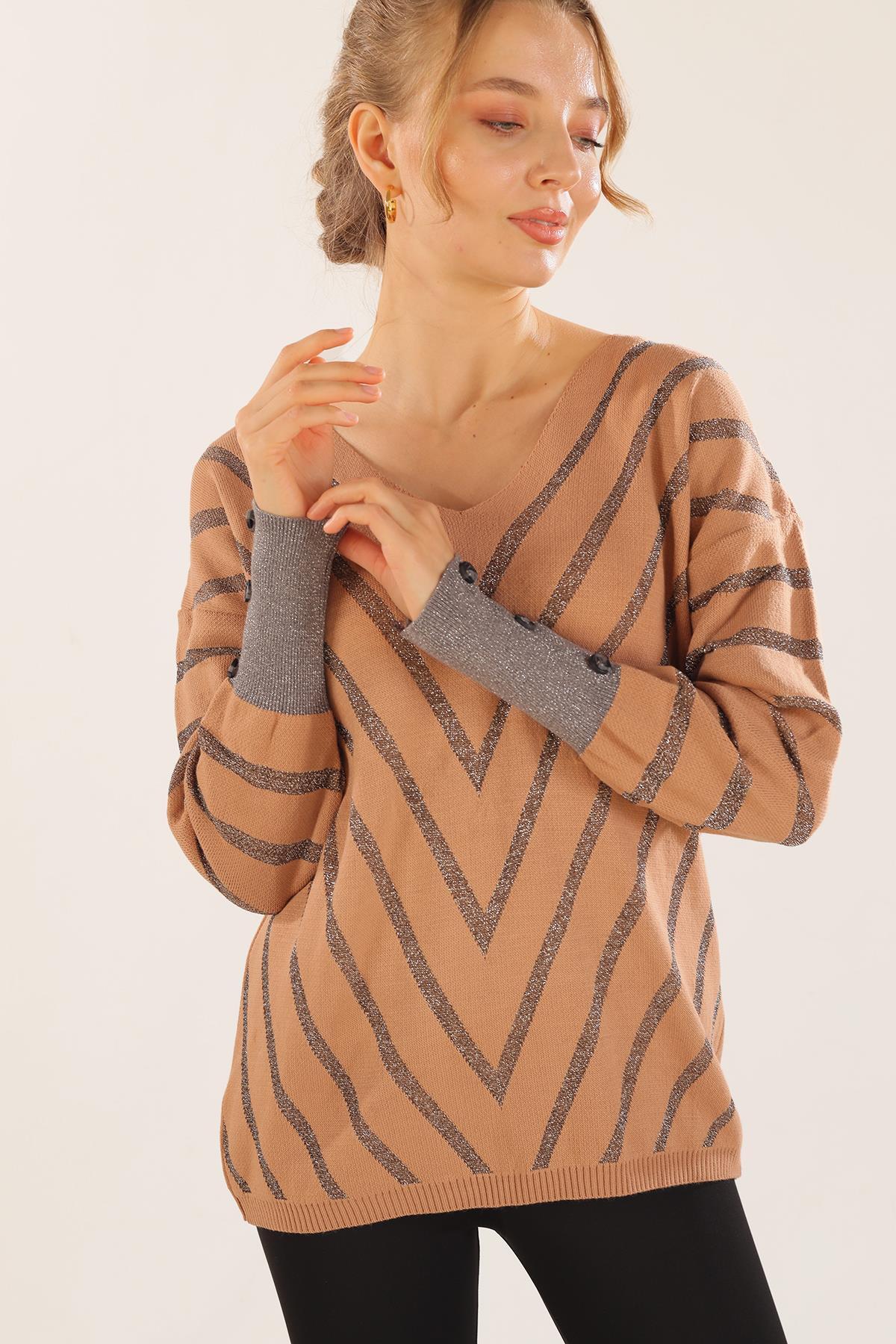 Camel V Yaka Çizgili Kazak 3189 - 3