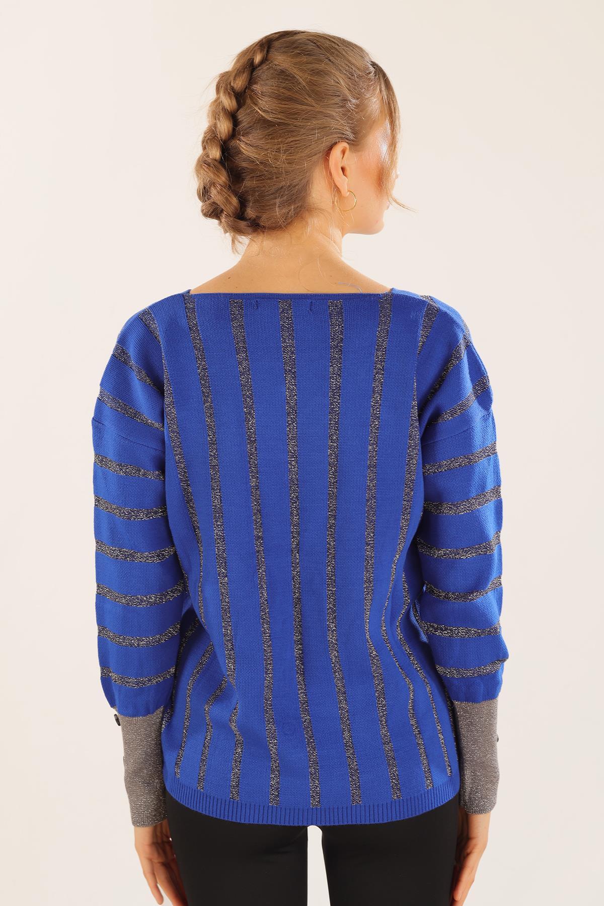 3189 V Yaka Çizgili Kazak Saks - 7