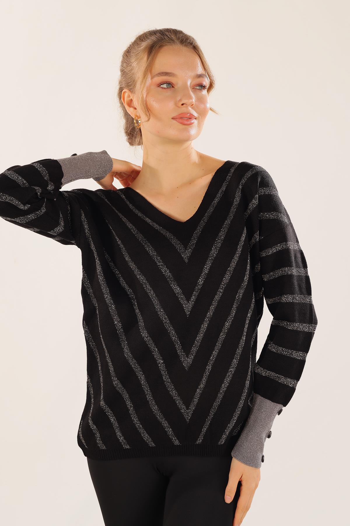 3189 V Yaka Çizgili Kazak Siyah - 1