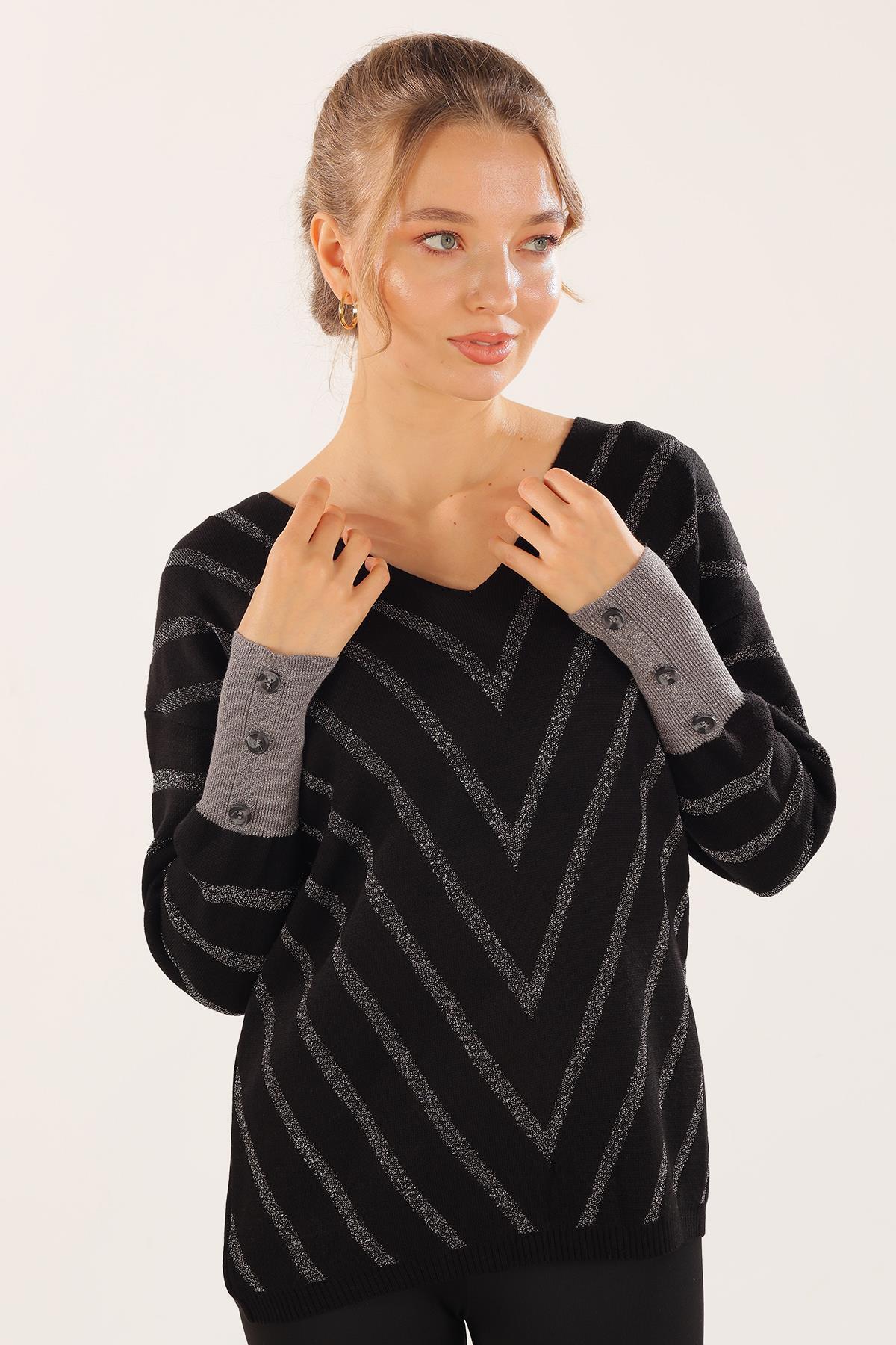 Siyah V Yaka Çizgili Kazak 3189 - 3