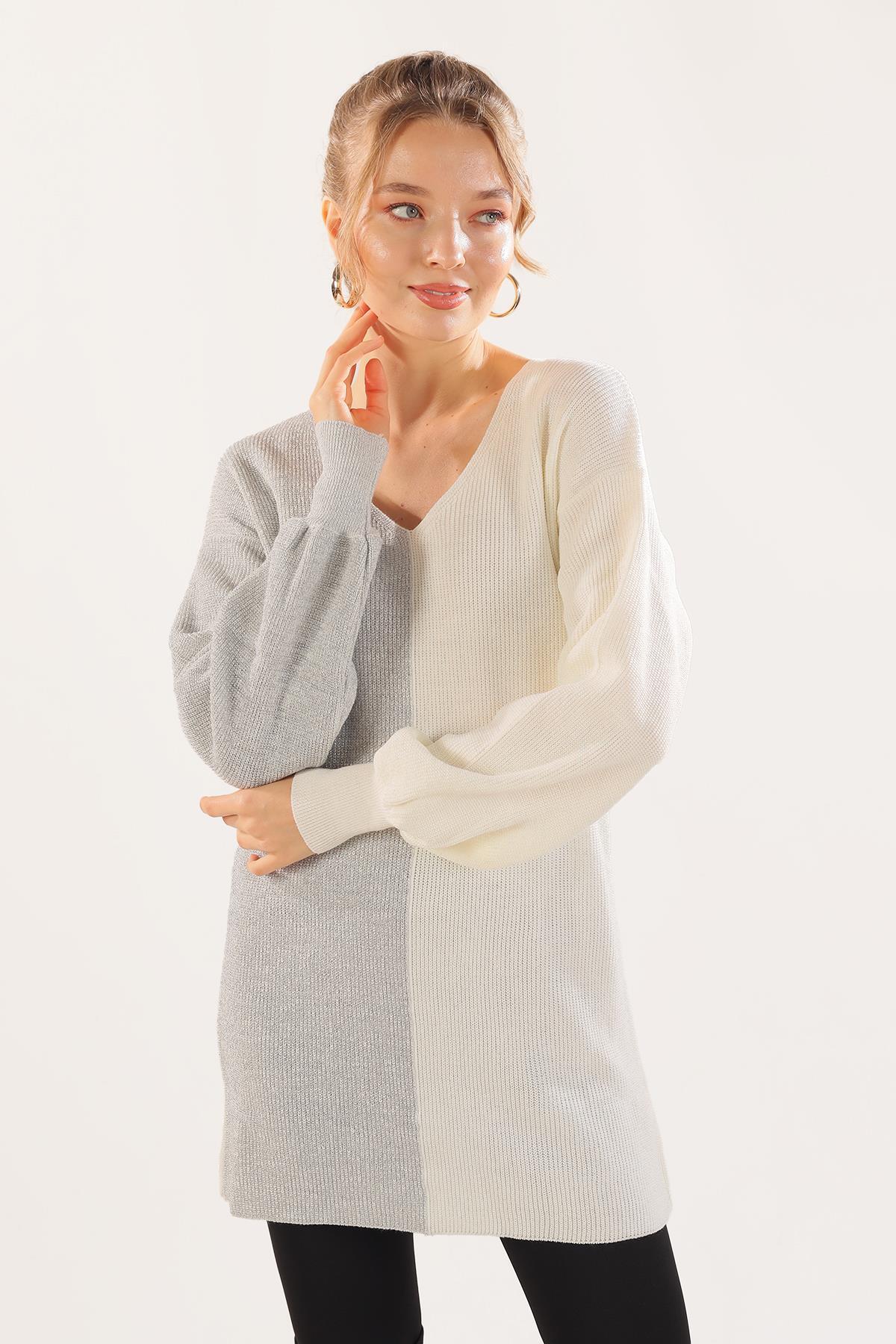 3192 V Yaka Sim Detaylı Kazak Ekru 