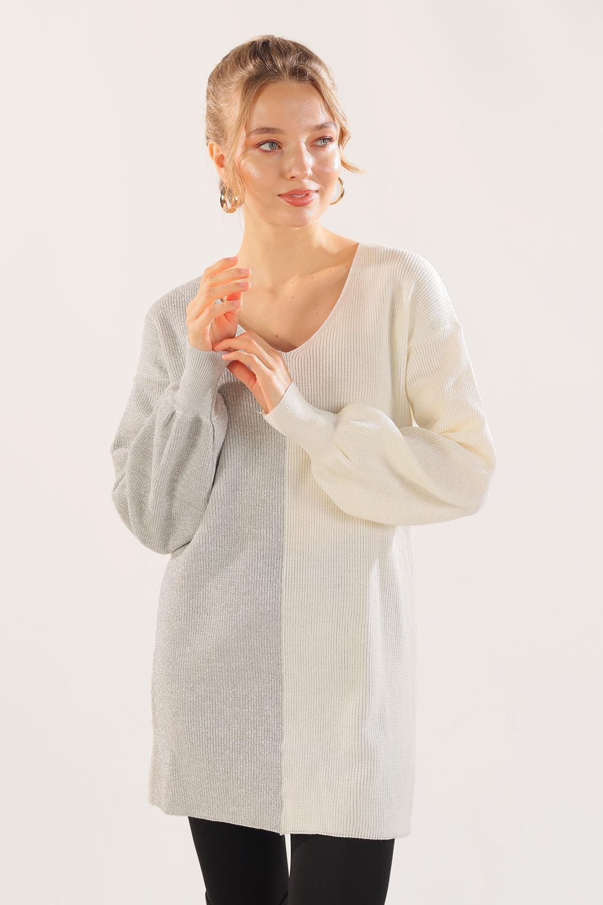 3192 V Yaka Sim Detaylı Kazak Ekru - 2