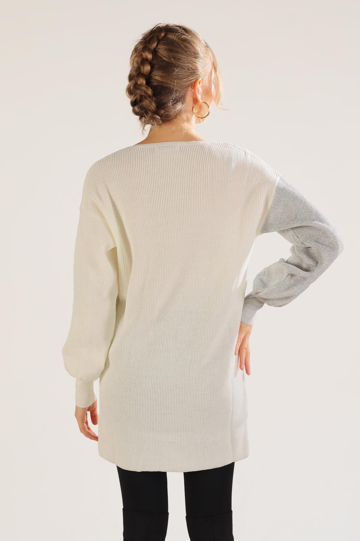 Ekru V Yaka Sim Detaylı Kazak 3192 - 3