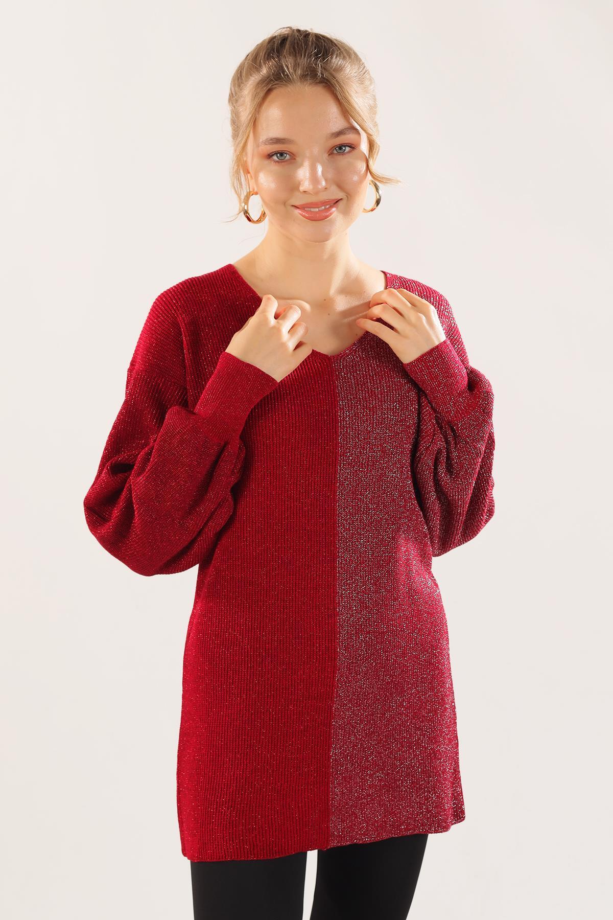 3192 V Yaka Sim Detaylı Kazak Kırmızı - 2