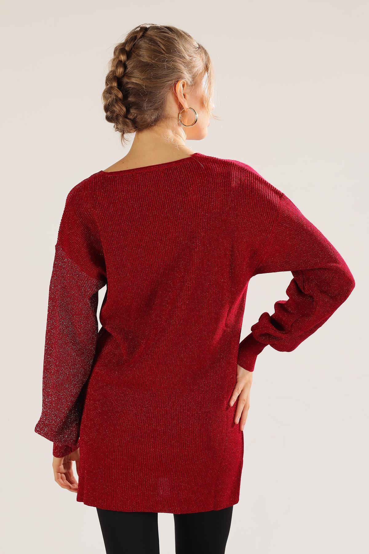 3192 V Yaka Sim Detaylı Kazak Kırmızı - 5