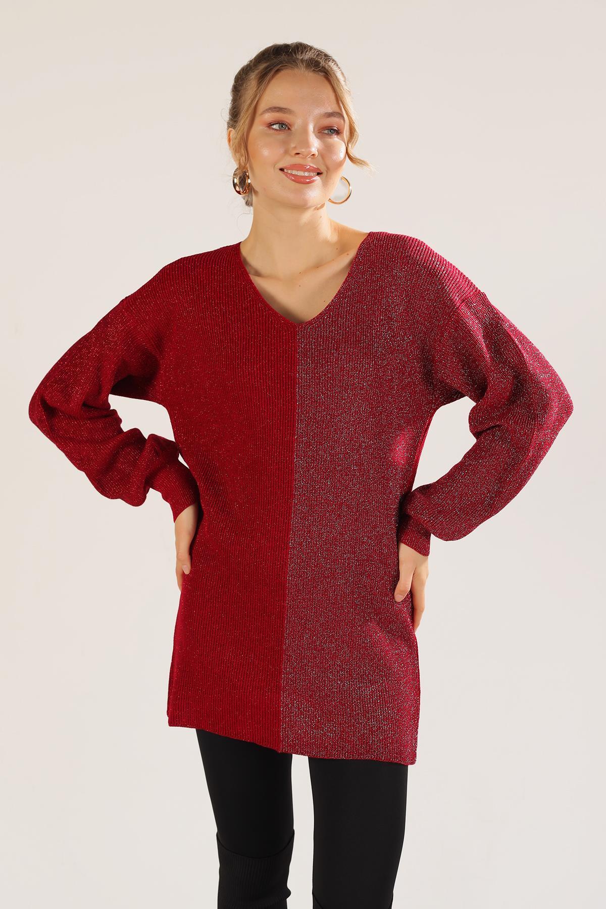 3192 V Yaka Sim Detaylı Kazak Kırmızı - 3