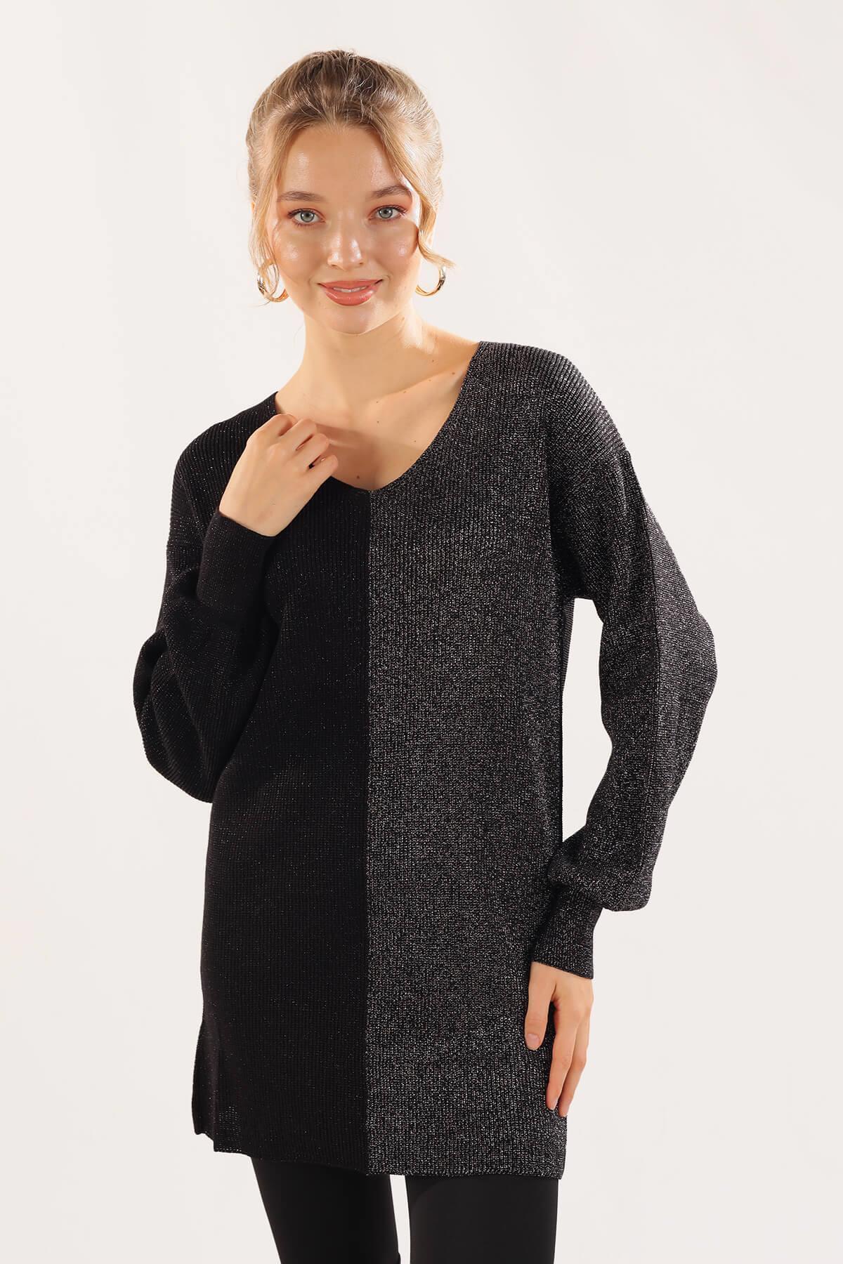 3192 V Yaka Sim Detaylı Kazak Siyah - 1