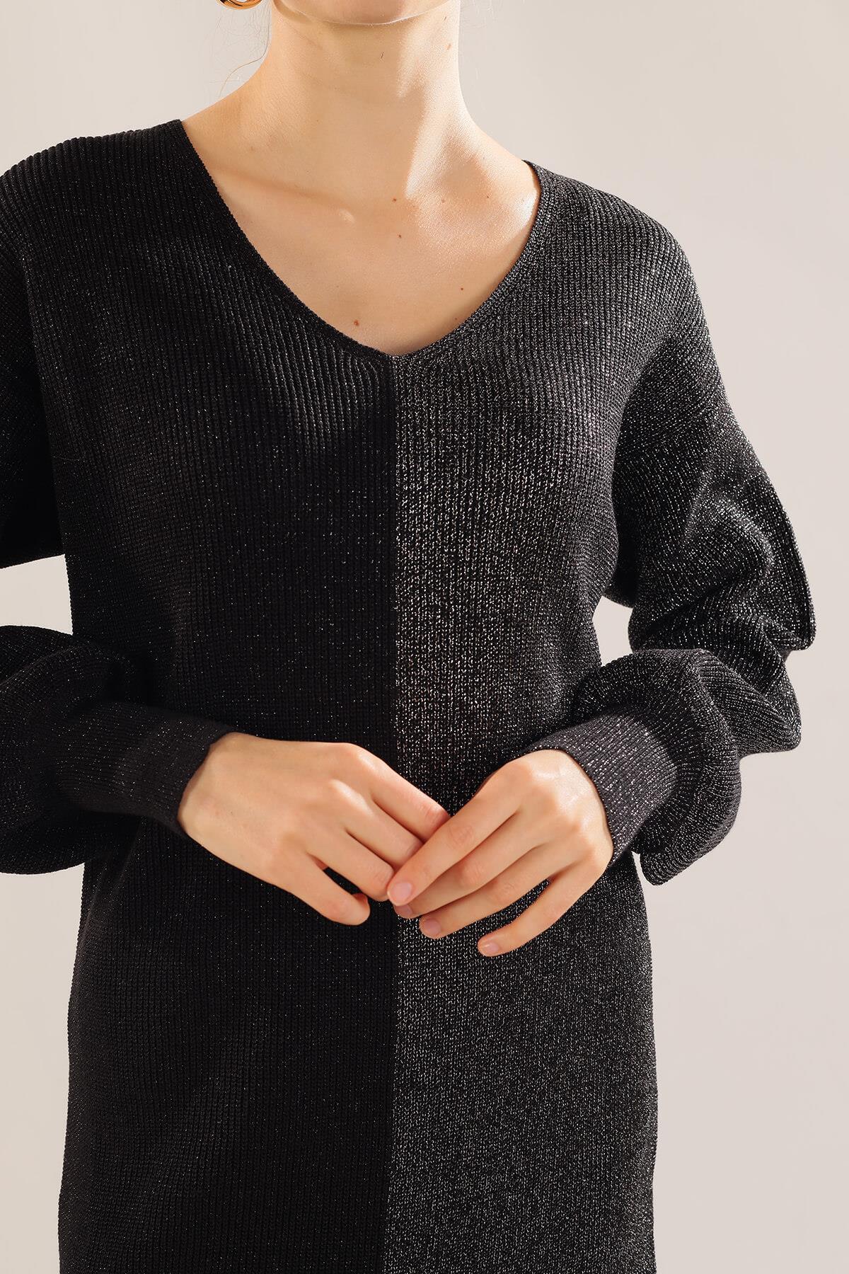 3192 V Yaka Sim Detaylı Kazak Siyah - 4