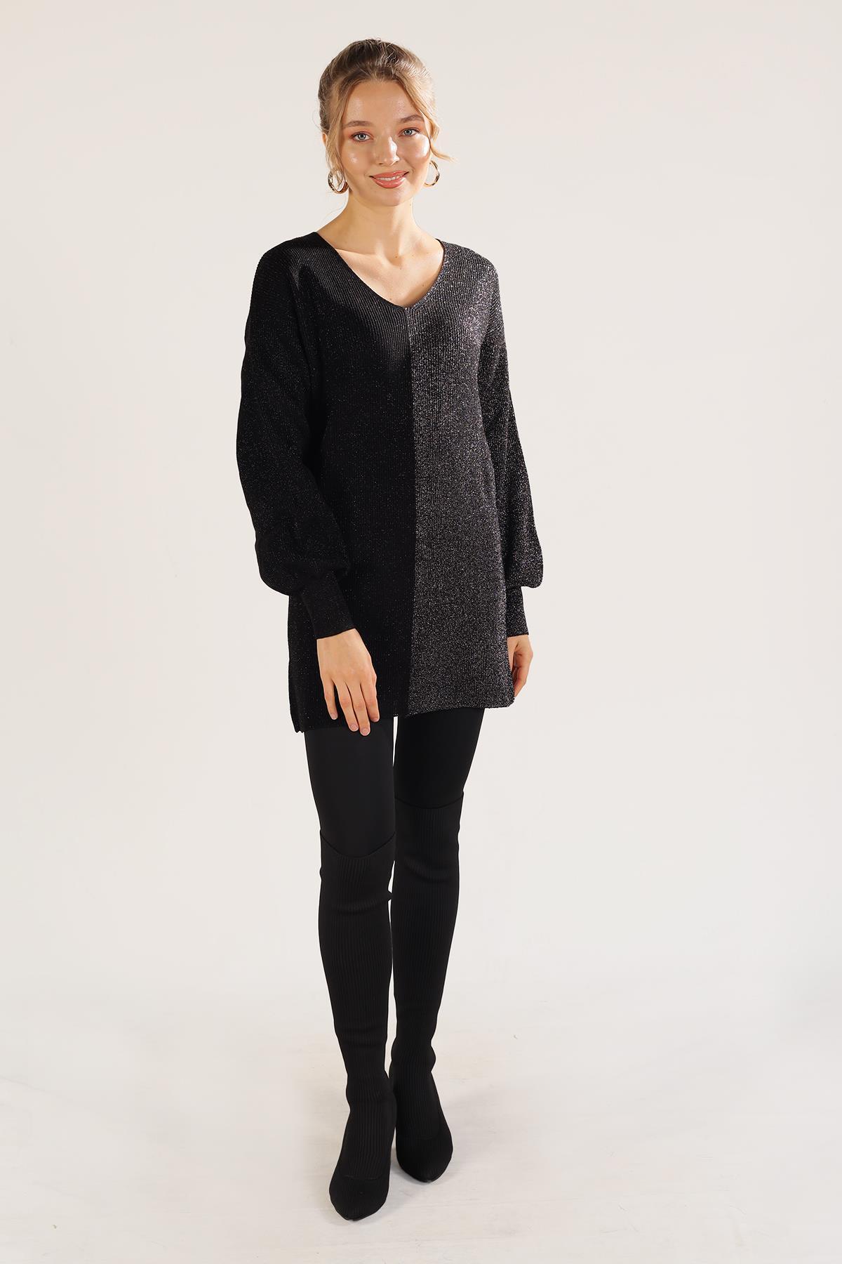 Siyah V Yaka Sim Detaylı Kazak 3192 - 2