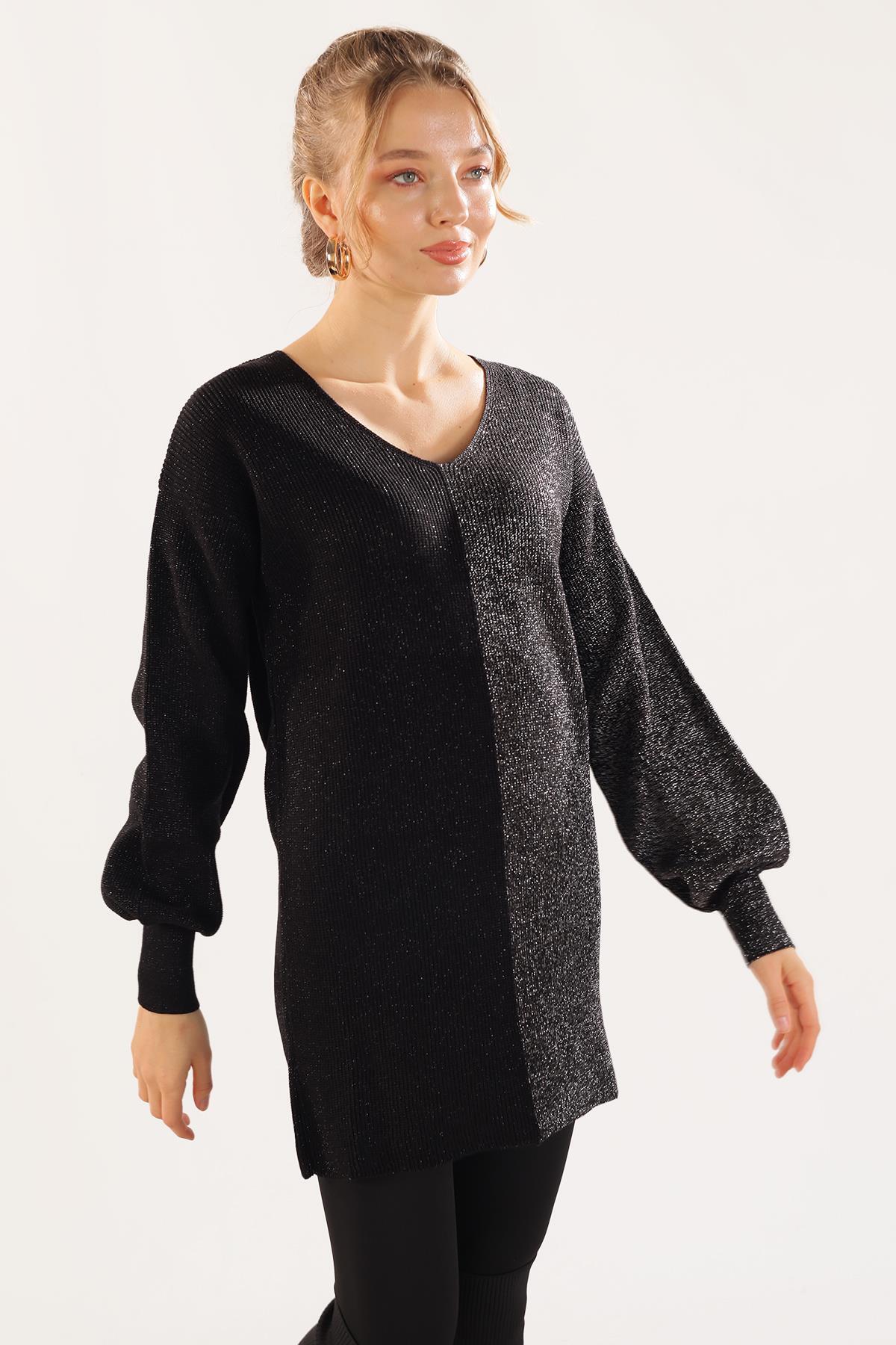 Siyah V Yaka Sim Detaylı Kazak 3192 - 3