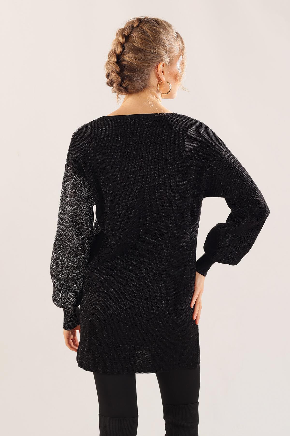 Siyah V Yaka Sim Detaylı Kazak 3192 - 5